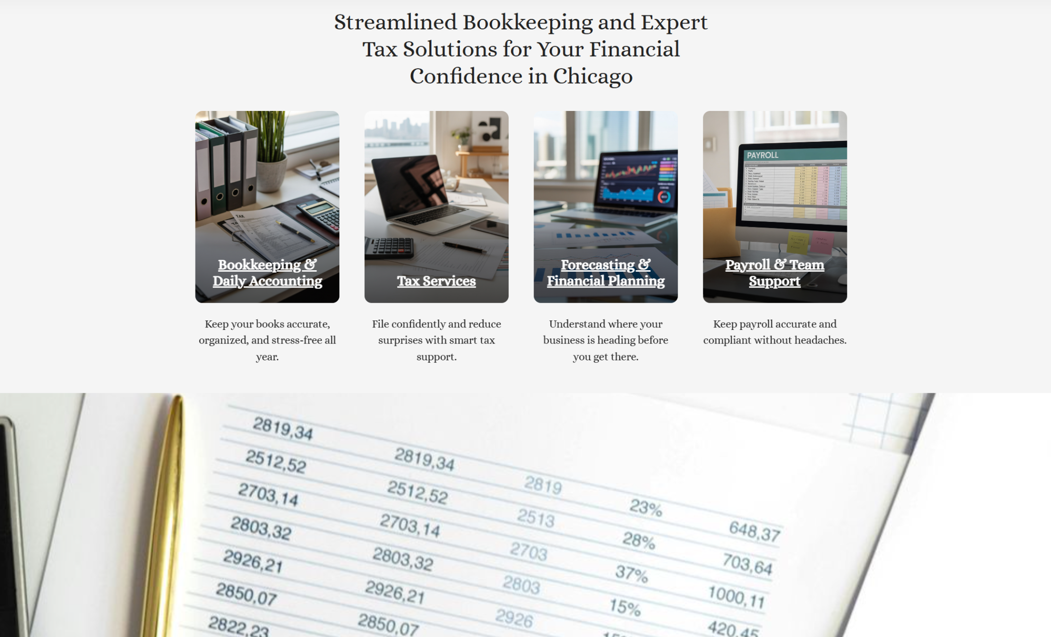 NorthBridge Accounting Group services section featuring four square service cards with photos—bookkeeping, tax services, financial forecasting, and payroll support—each with a short description beneath