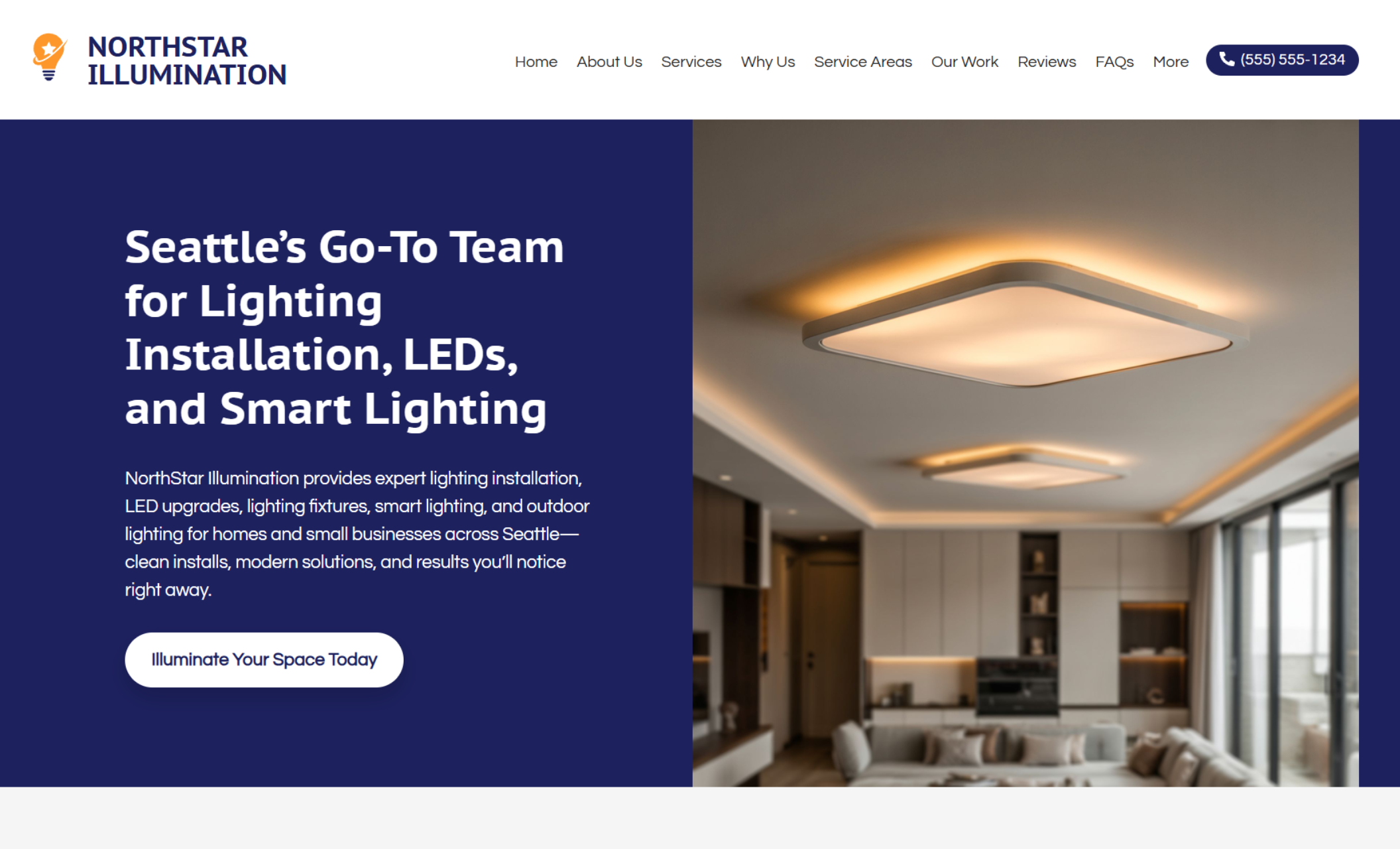 NorthStar Illumination homepage hero section showing a modern living space with sleek ceiling-mounted LED fixtures, paired with the headline “Seattle’s Go-To Team for Lighting Installation, LEDs, and Smart Lighting” and a call-to-action button