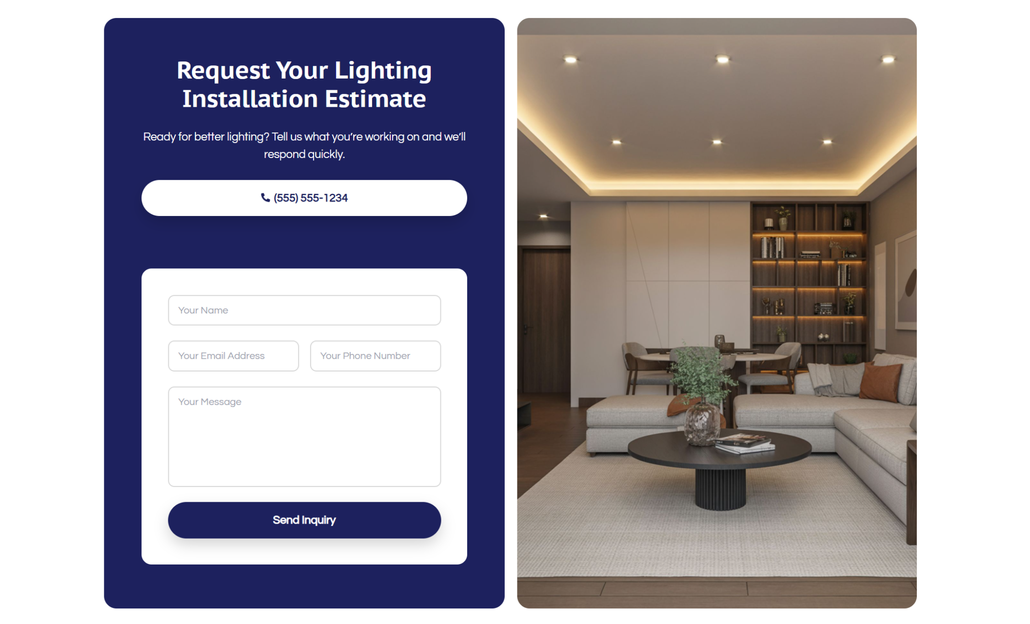 Lighting estimate request section featuring a dark blue contact panel with the headline “Request Your Lighting Installation Estimate,” a phone number button, a simple inquiry form, and a modern living room with recessed ceiling lighting displayed alongside
