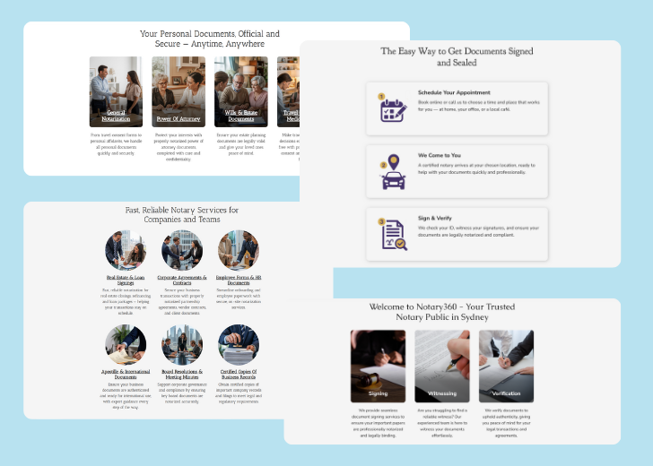 A collage of services section generated by Zarla showing different styles of service items, all having a picture, a title, and a brief description