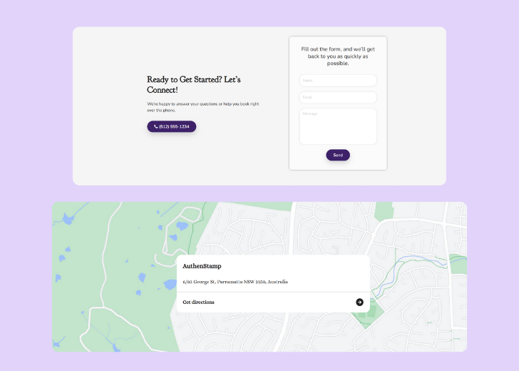 A screenshot of a header with navigation pills with contact number, a blue-colored primary button with contact number, and a 2D depiction of a map with a business address in the center
