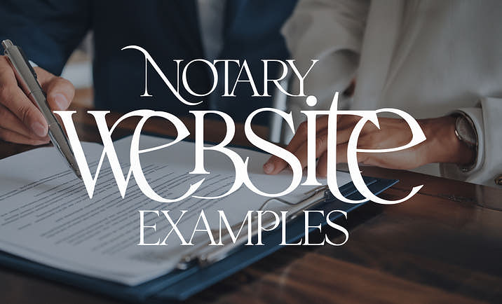 Two people notarizing a document with overlapping text that reads "Notary Website Examples"