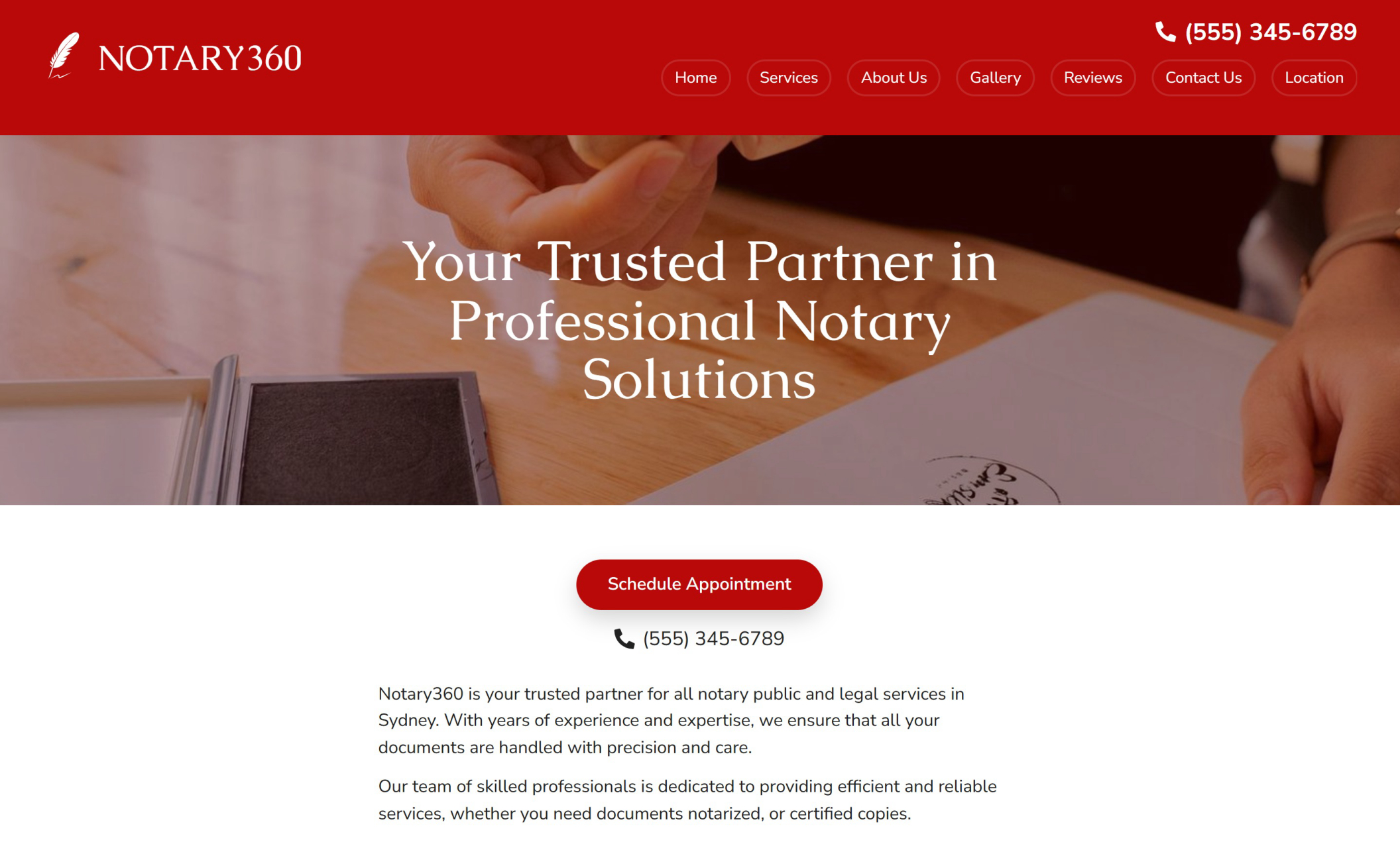 Notary360 landing page with the tagline "Your Trusted Partner in Professional Notary Solutions" displayed over a photo of document signing