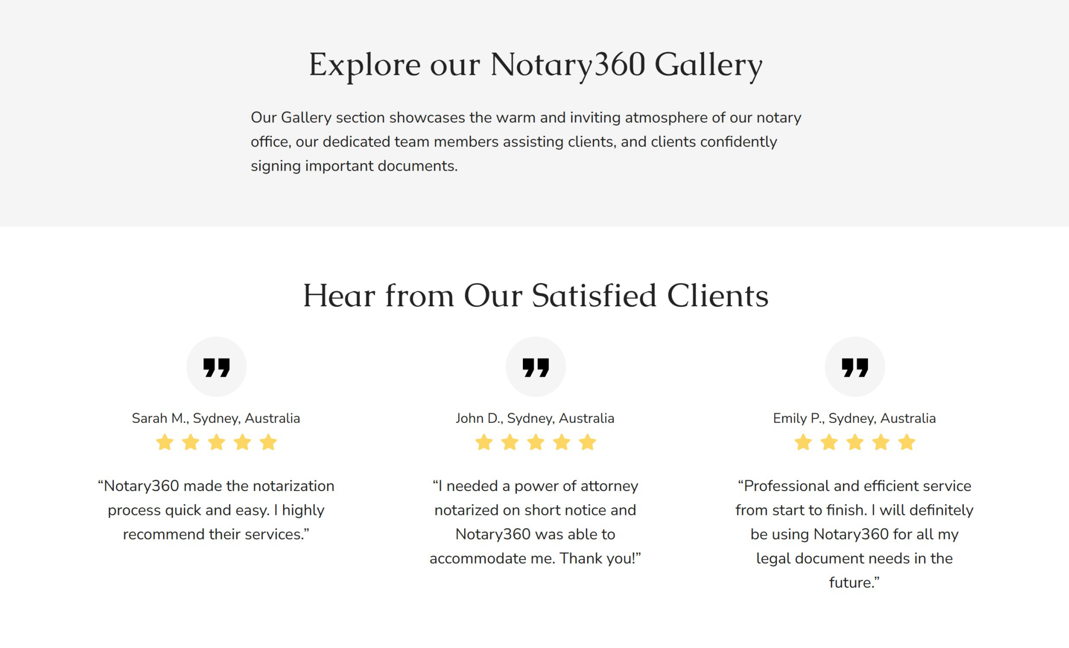 Notary360 testimonials section with the heading "Hear from Our Satisfied Clients" displayed below a service gallery description