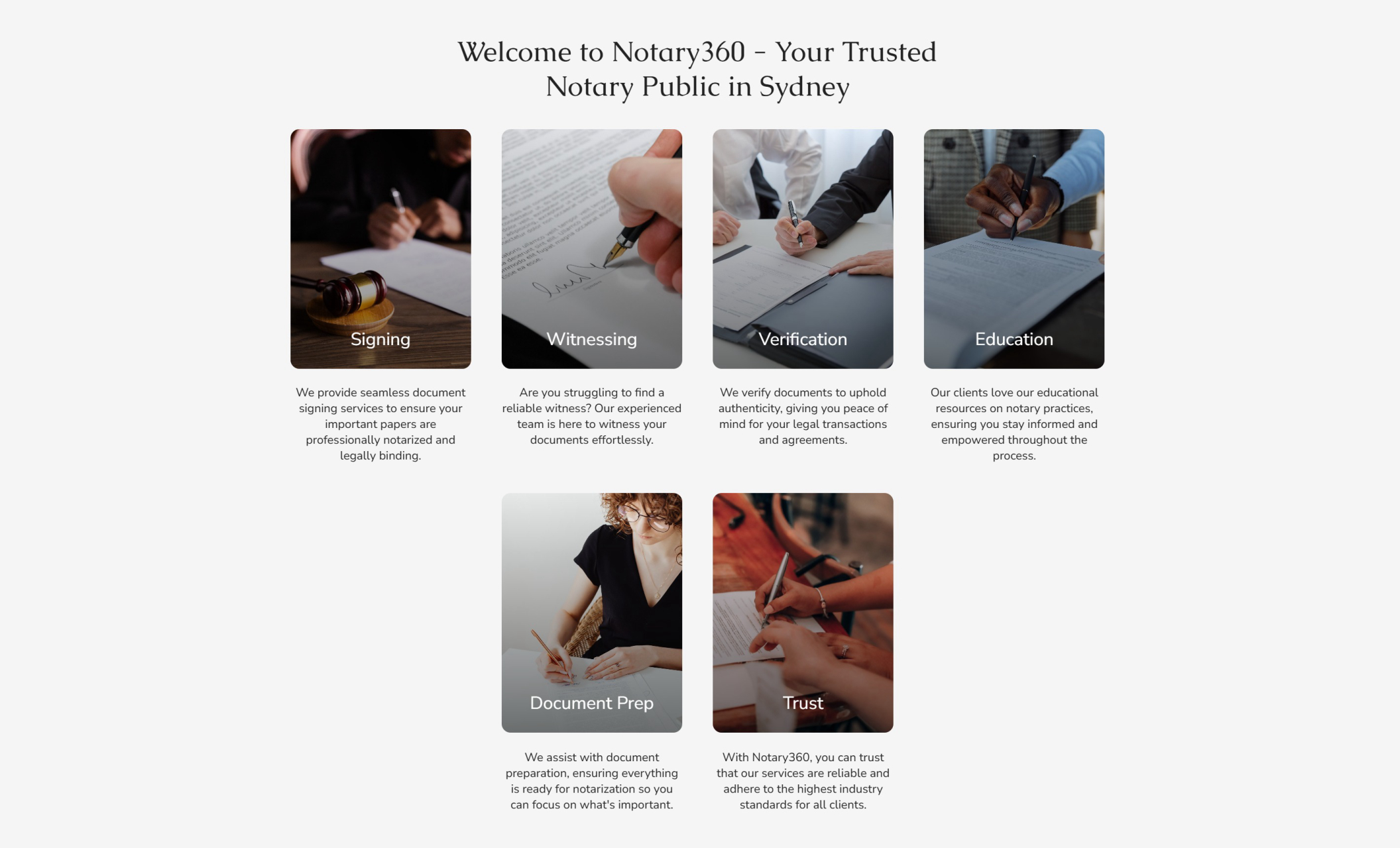 Notary360 services section with the heading "Welcome to Notary360 - Your Trusted Notary Public in Sydney" displayed above service tiles showing various notary offerings