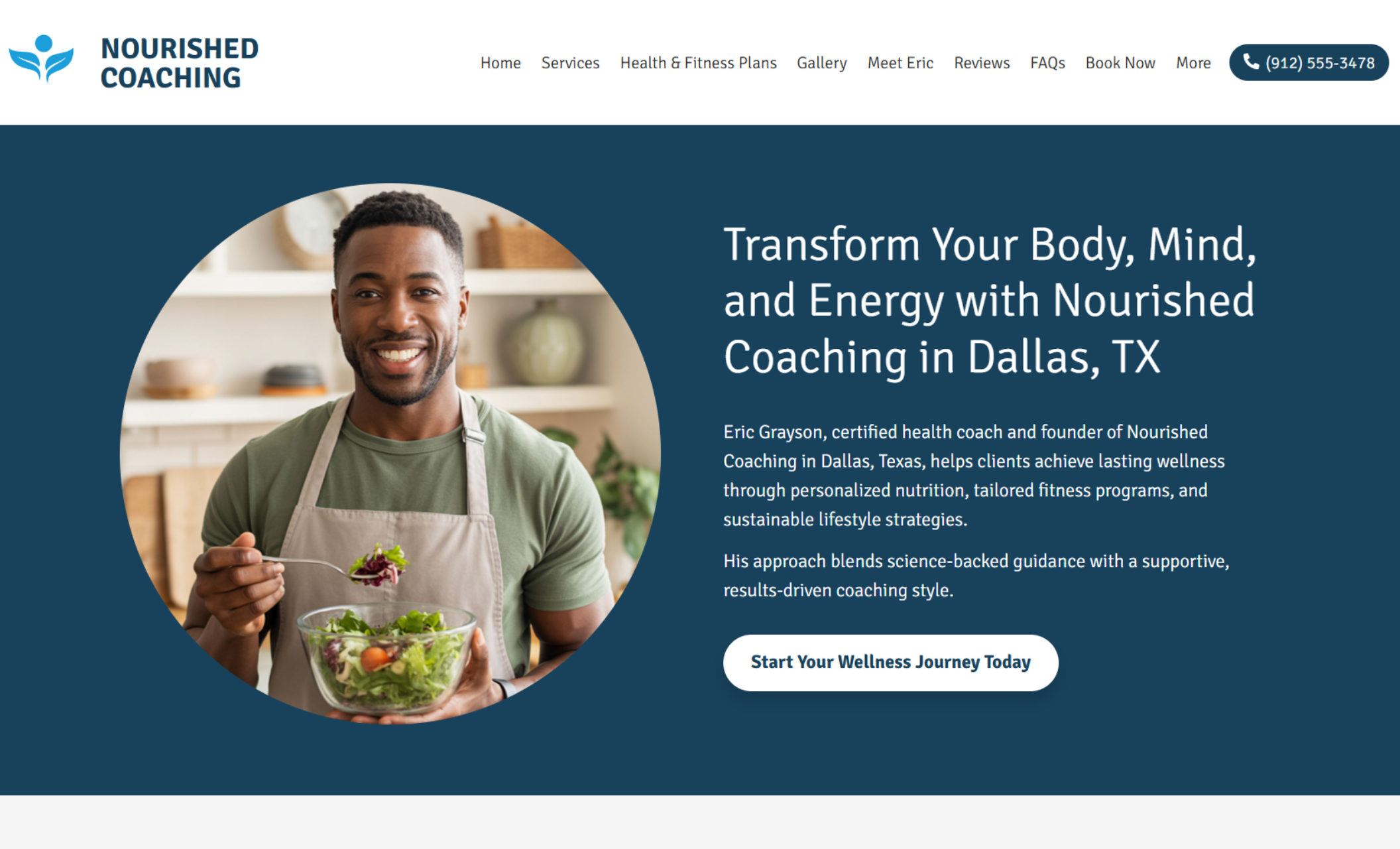 Nourished Coaching website featuring a smiling man in an apron holding a salad bowl beside the headline “Transform Your Body, Mind, and Energy with Nourished Coaching in Dallas, TX” and a button that says “Start Your Wellness Journey Today.”