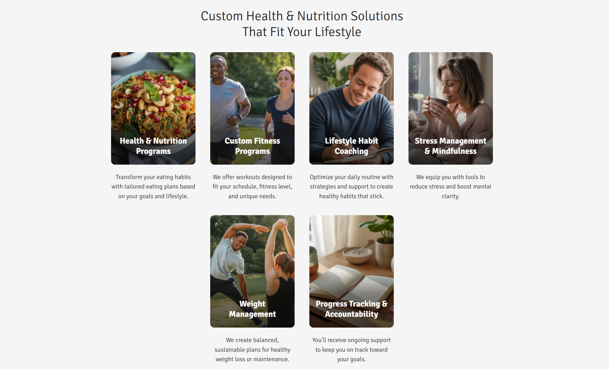 Nourished Coaching service section titled “Custom Health & Nutrition Solutions That Fit Your Lifestyle” with six service cards including Health & Nutrition Programs, Custom Fitness Programs, Lifestyle Habit Coaching, and more