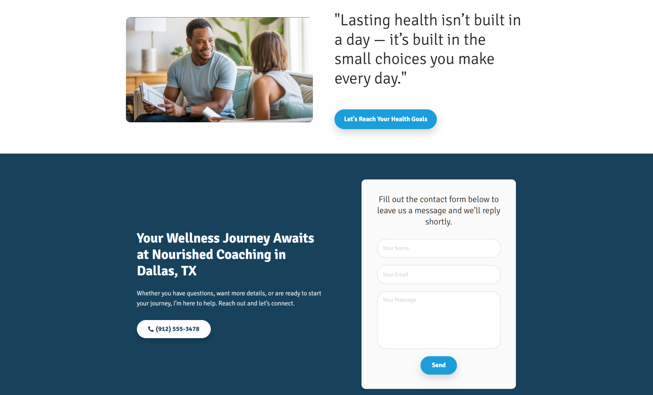 Nourished Coaching contact section featuring a man sitting and smiling during a session with the headline “Your Wellness Journey Awaits at Nourished Coaching in Dallas, TX” beside a white contact form and a blue button that says “Send.”