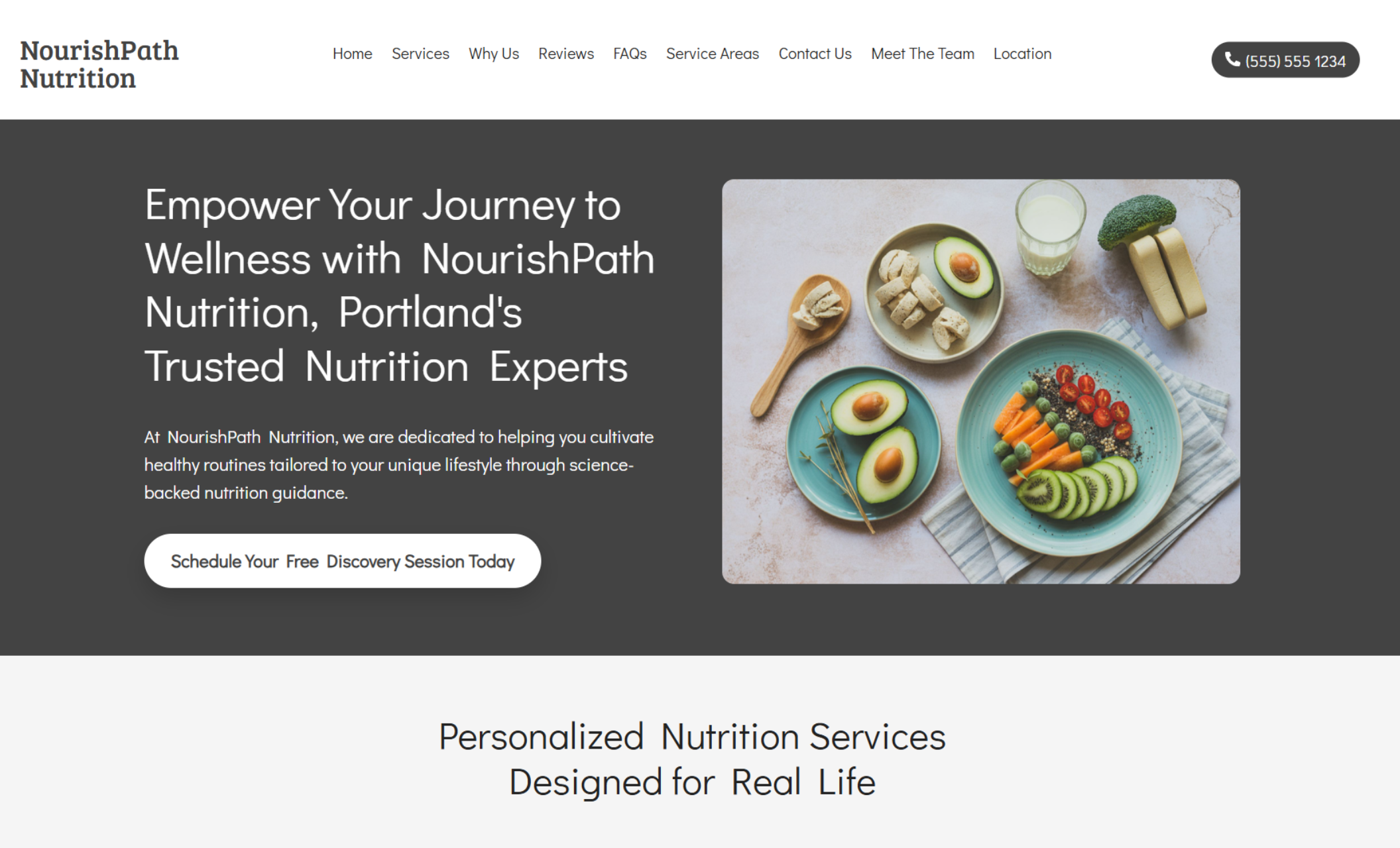 NourishPath Nutrition homepage hero section featuring the headline “Empower Your Journey to Wellness with NourishPath Nutrition, Portland’s Trusted Nutrition Experts,” alongside a meal photo and a white button that says “Schedule Your Free Discovery Session Today.”