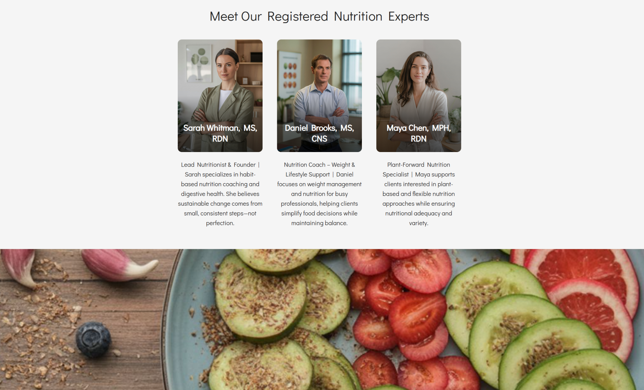 NourishPath Nutrition team section titled “Meet Our Registered Nutrition Experts,” featuring profile cards for Sarah Whitman, MS, RDN, Daniel Brooks, MS, CNS, and Maya Chen, MPH, RDN above a background image of sliced avocado and grapefruit