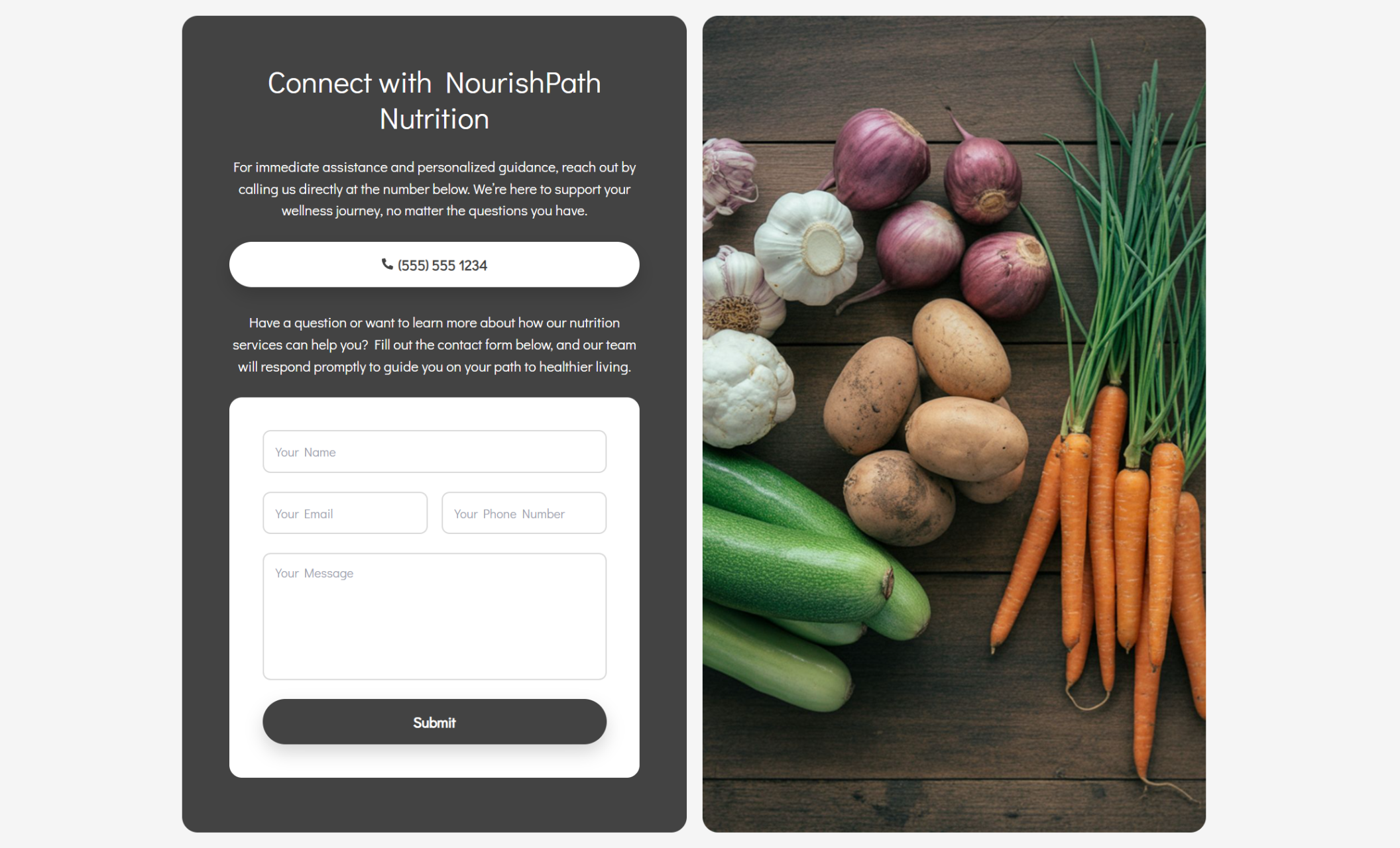 NourishPath Nutrition contact page featuring the headline “Connect with NourishPath Nutrition,” a phone call button, and a simple contact form beside a photo of fresh vegetables including carrots, onions, garlic, potatoes, and zucchini on a wooden surface