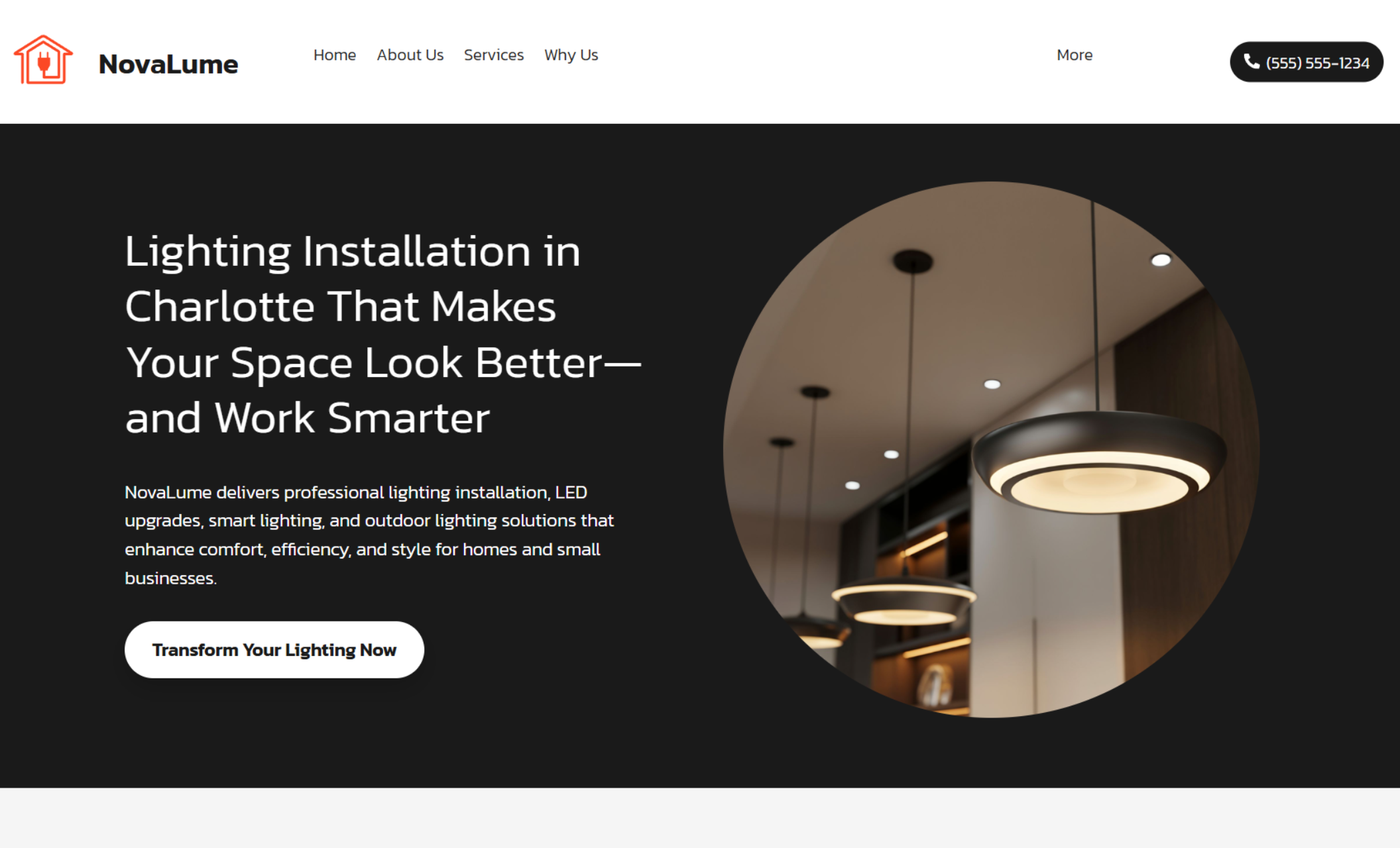 NovaLume homepage hero section featuring a dark, modern layout with pendant lights framed in a circular image, alongside the headline “Lighting Installation in Charlotte That Makes Your Space Look Better—and Work Smarter” and a prominent call-to-action button