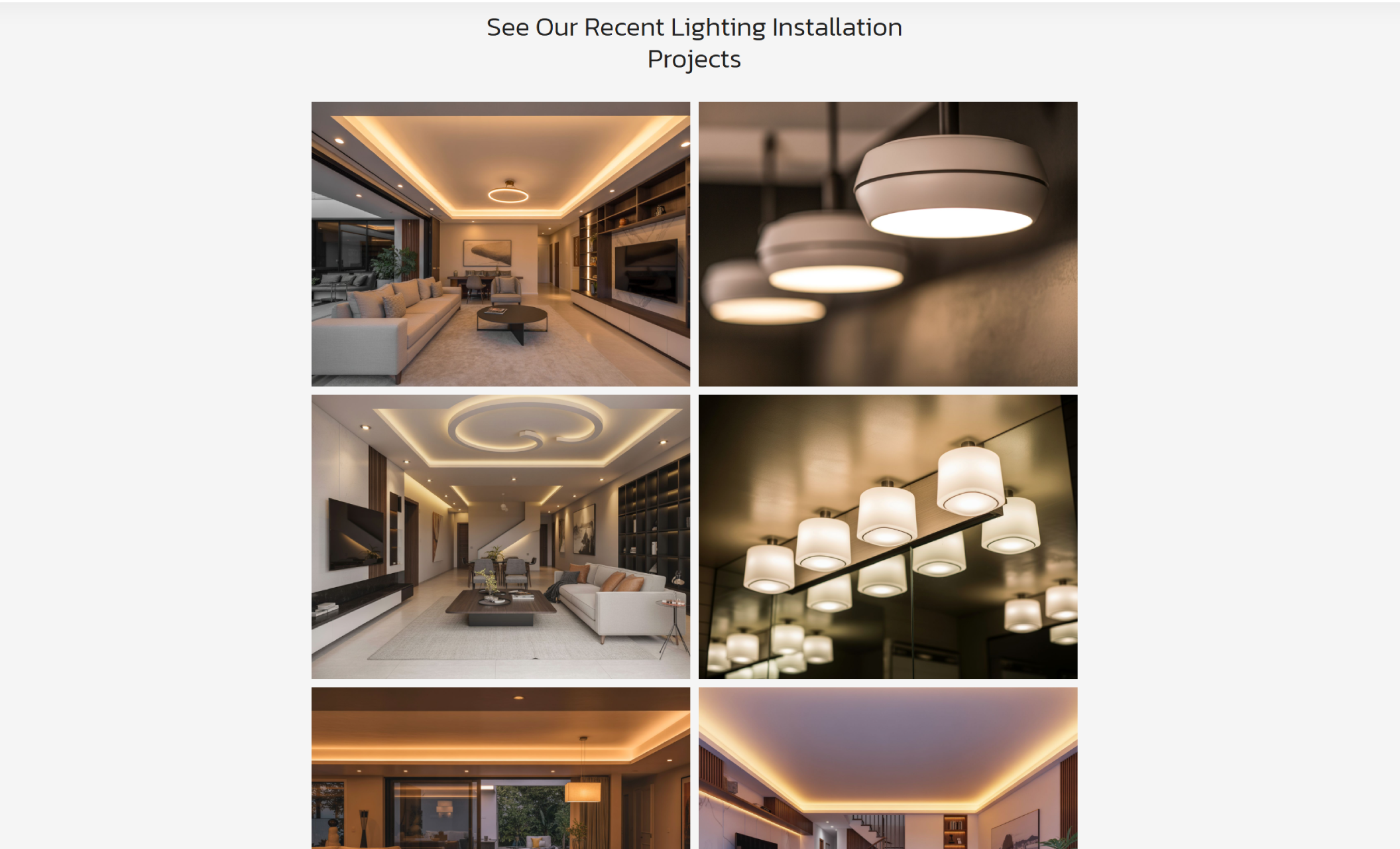 Lighting project gallery section titled “See Our Recent Lighting Installation Projects,” featuring a grid of interior photos with recessed lighting, pendant fixtures, ceiling accents, and modern ambient lighting designs