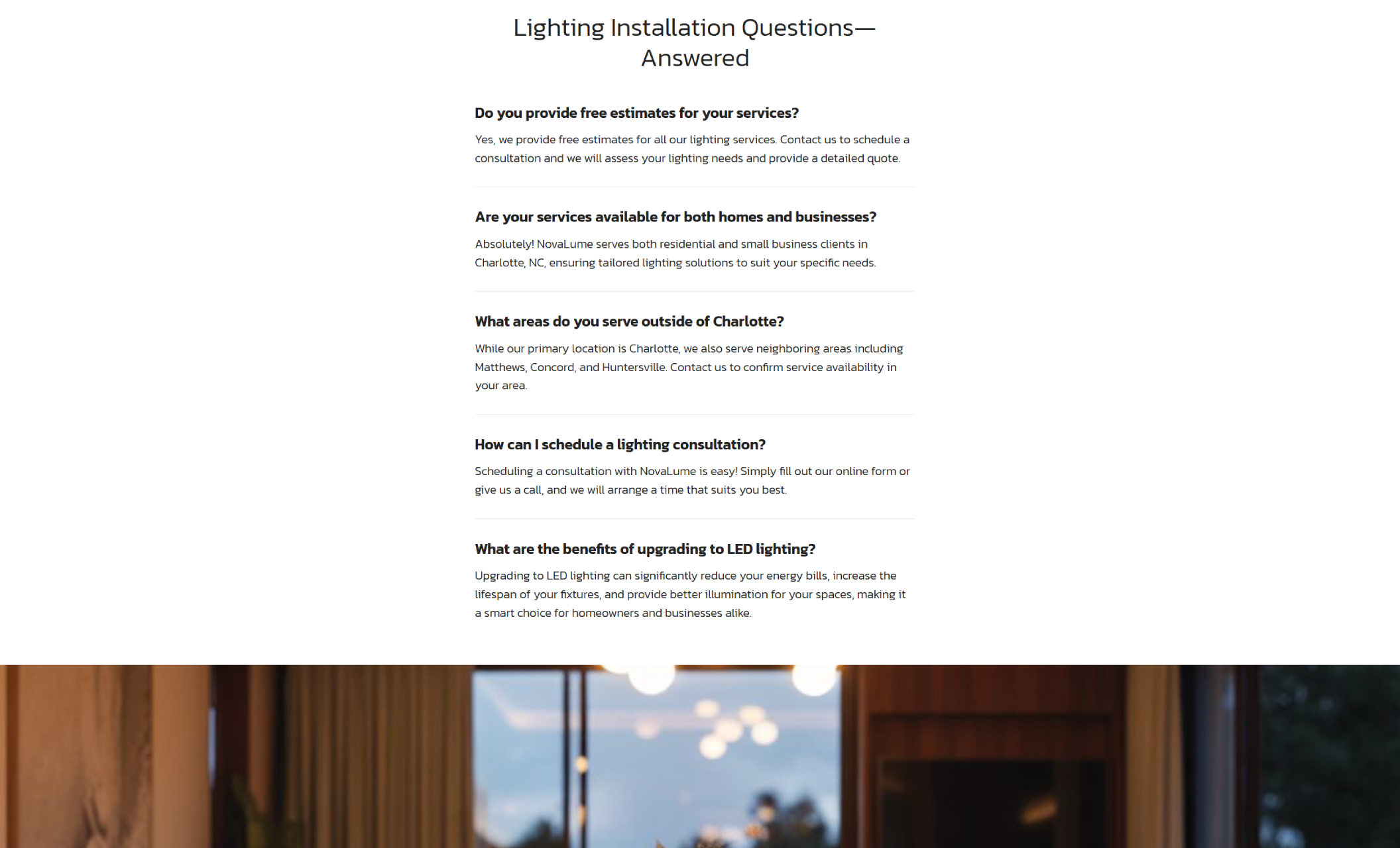 Lighting installation FAQ section titled “Lighting Installation Questions—Answered,” displaying a clean list of common questions and detailed answers about estimates, service areas, LED upgrades, and scheduling consultations