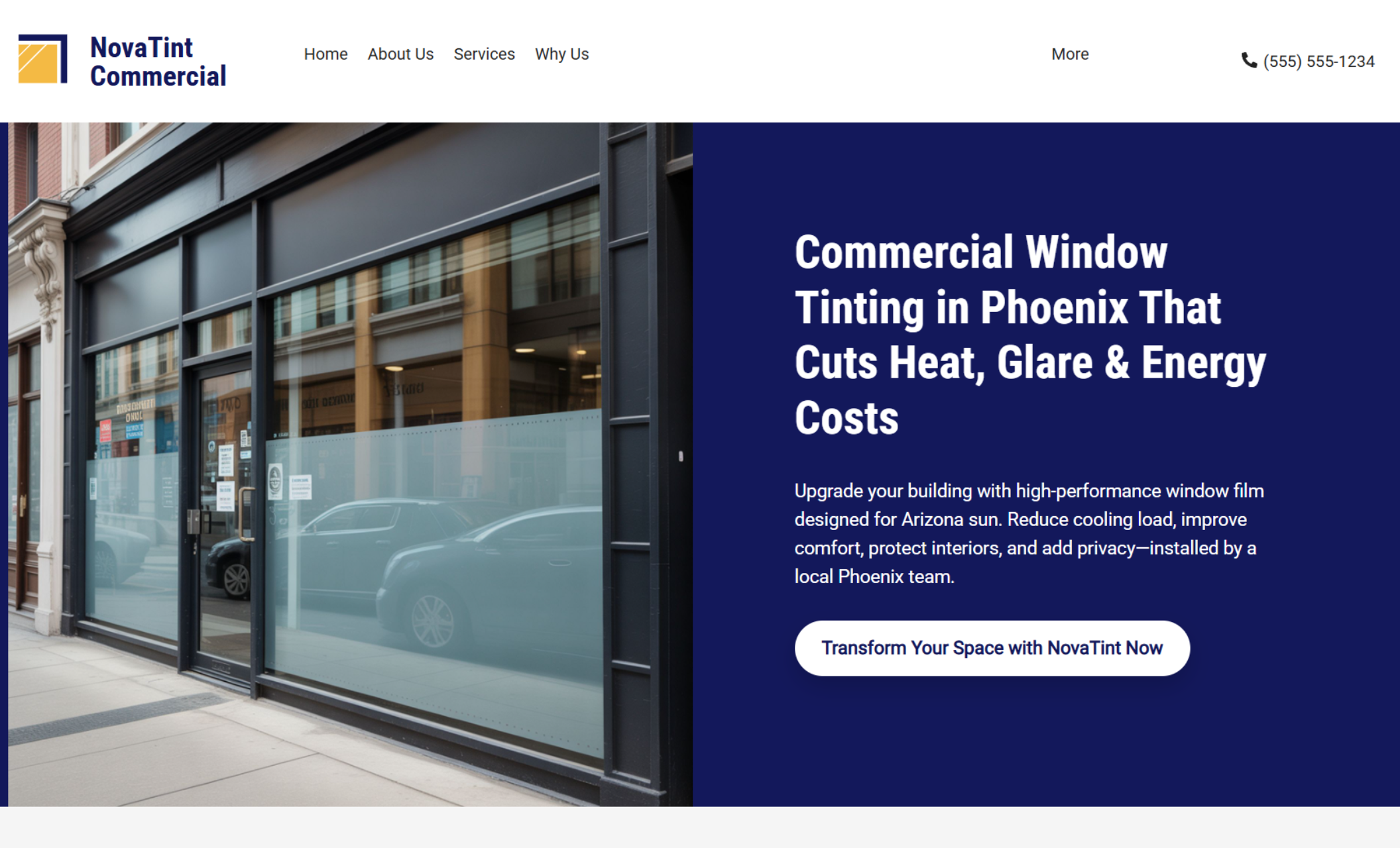 NovaTint Commercial homepage hero featuring a storefront window photo beside the headline “Commercial Window Tinting in Phoenix That Cuts Heat, Glare & Energy Costs,” with a white button that says “Transform Your Space with NovaTint Now.”
