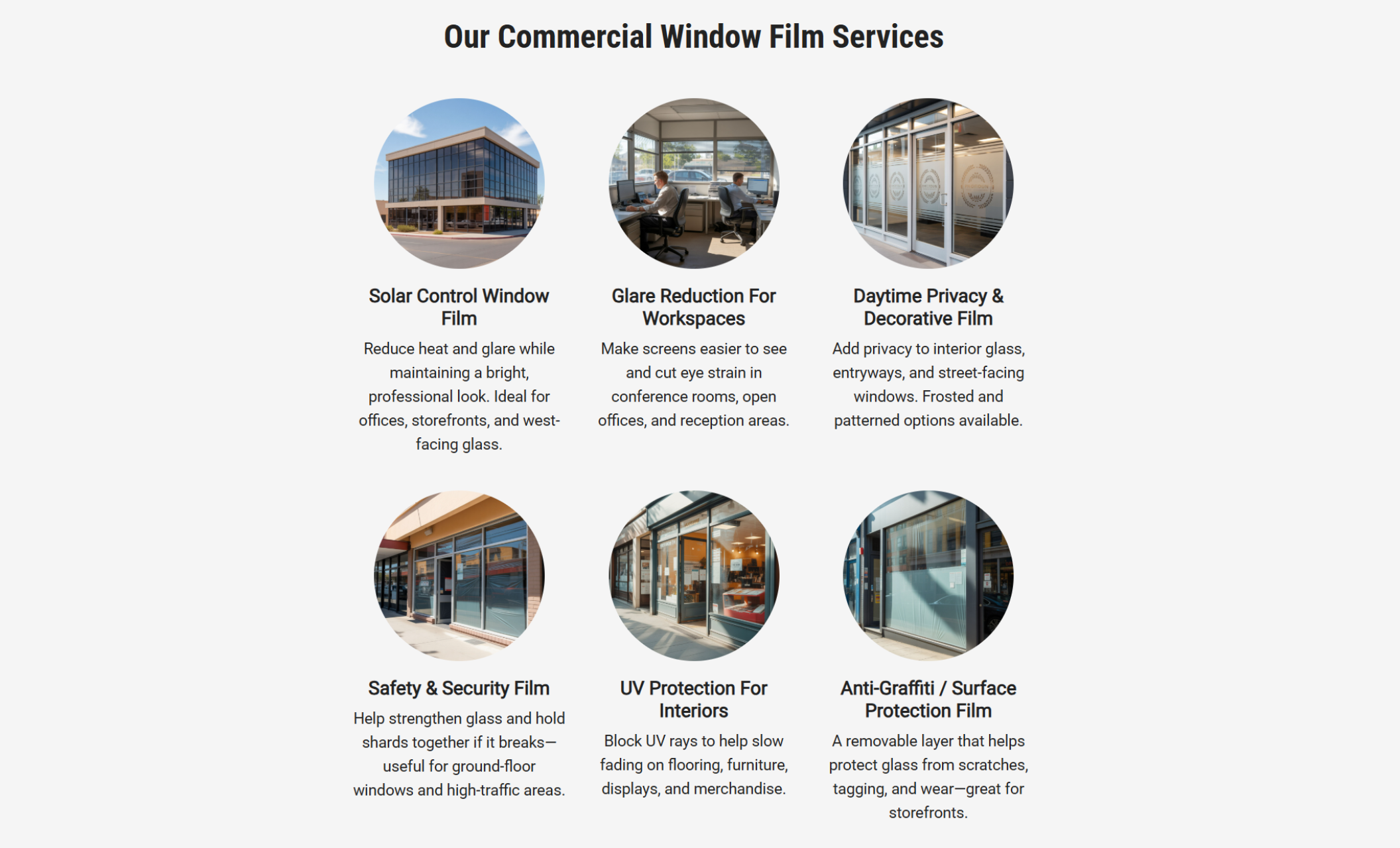 NovaTint Commercial website section titled “Our Commercial Window Film Services,” featuring six circular service images with headings like “Solar Control Window Film,” “Glare Reduction For Workspaces,” and “Daytime Privacy & Decorative Film.”