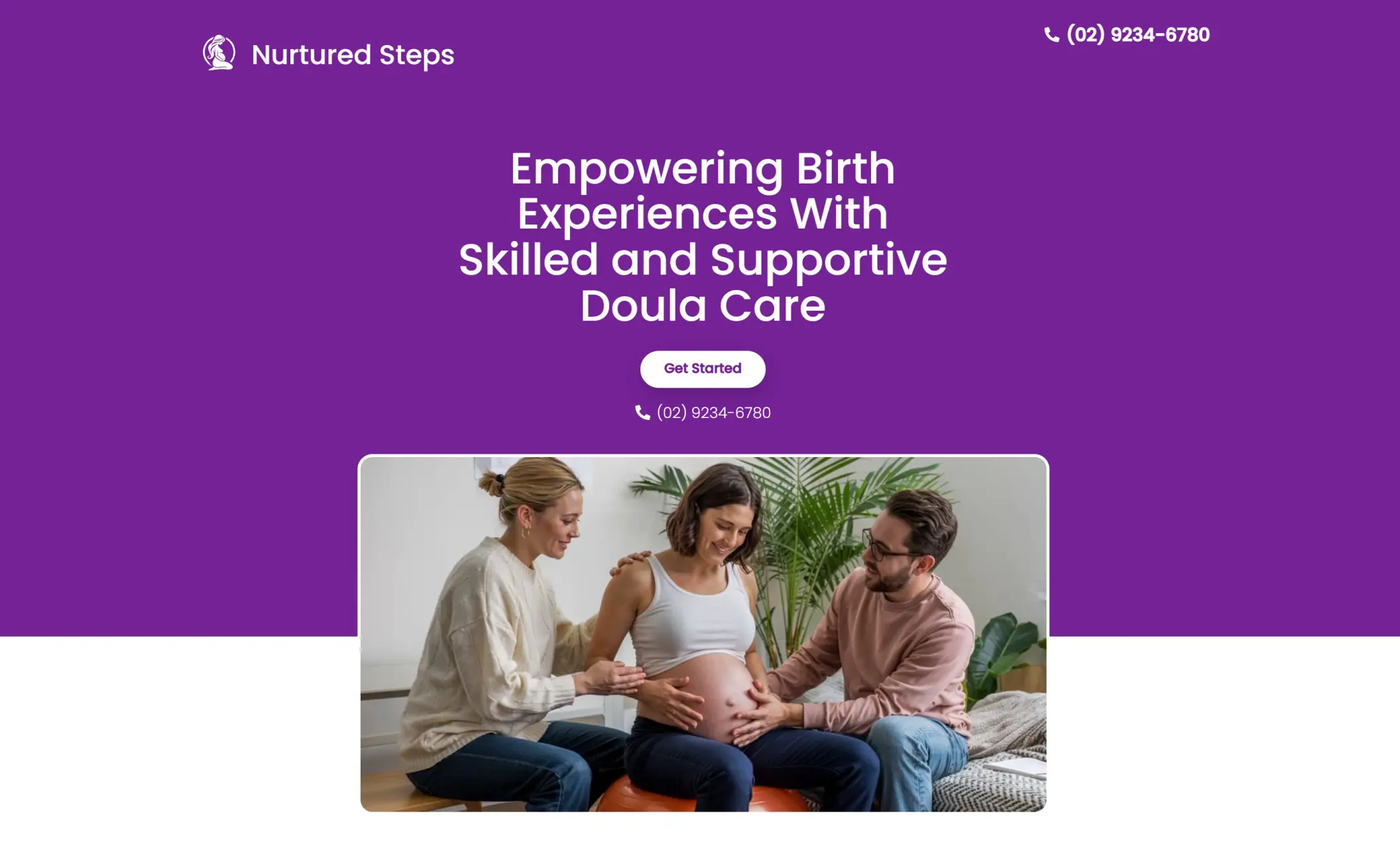 Nurtured Steps' homepage featuring the image of a doula working with a couple of parents, company branding, call-to-action button, and a phone number