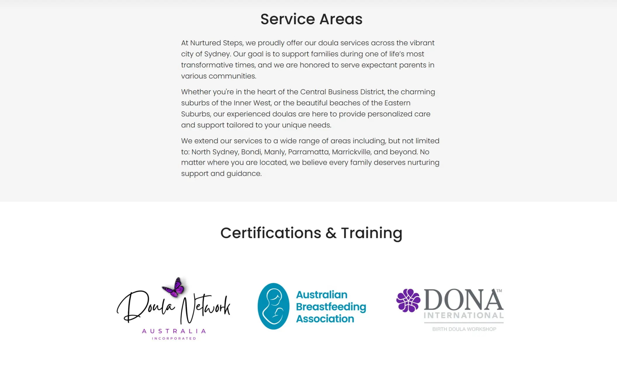 Nurtured Steps' website displaying service areas, certifications, and training