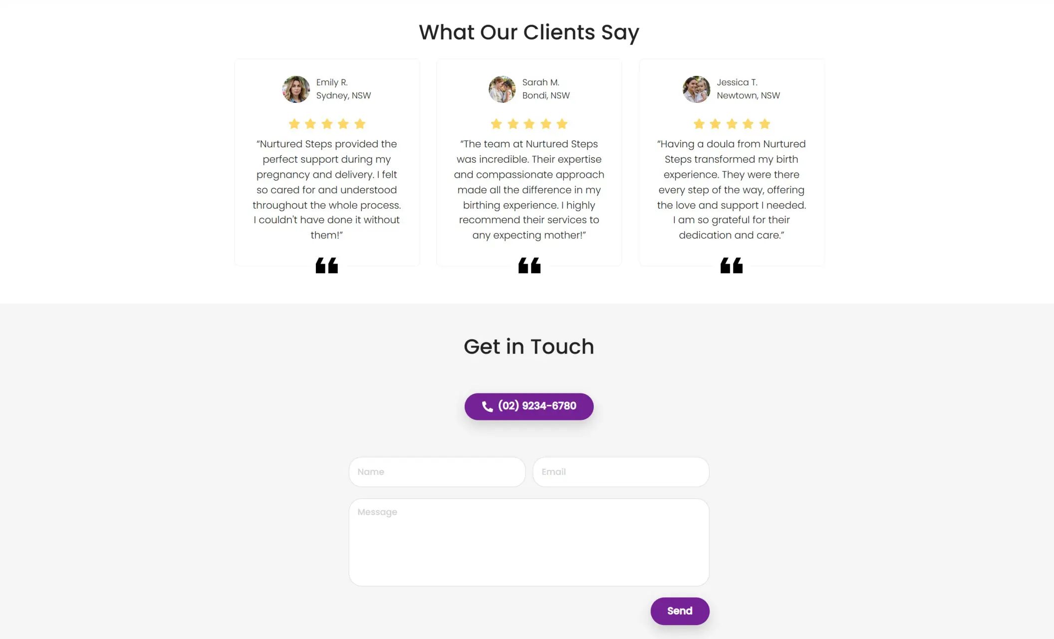 Nurtured Steps' website displaying client testimonials, and a contact form