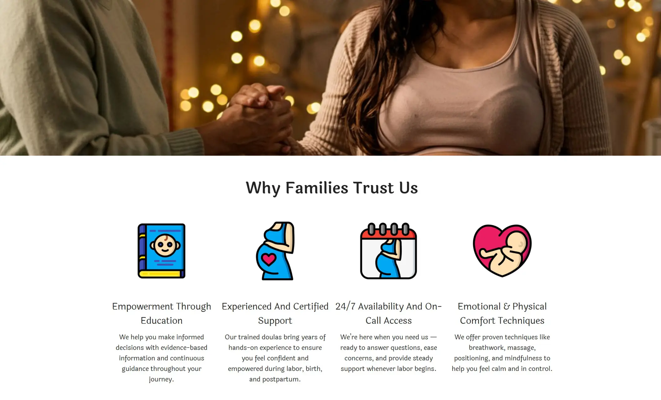 NurtureNest Doula's website displaying a "Why Families Trust Us" section, and the image of a doula holding hands with a pregnant woman
