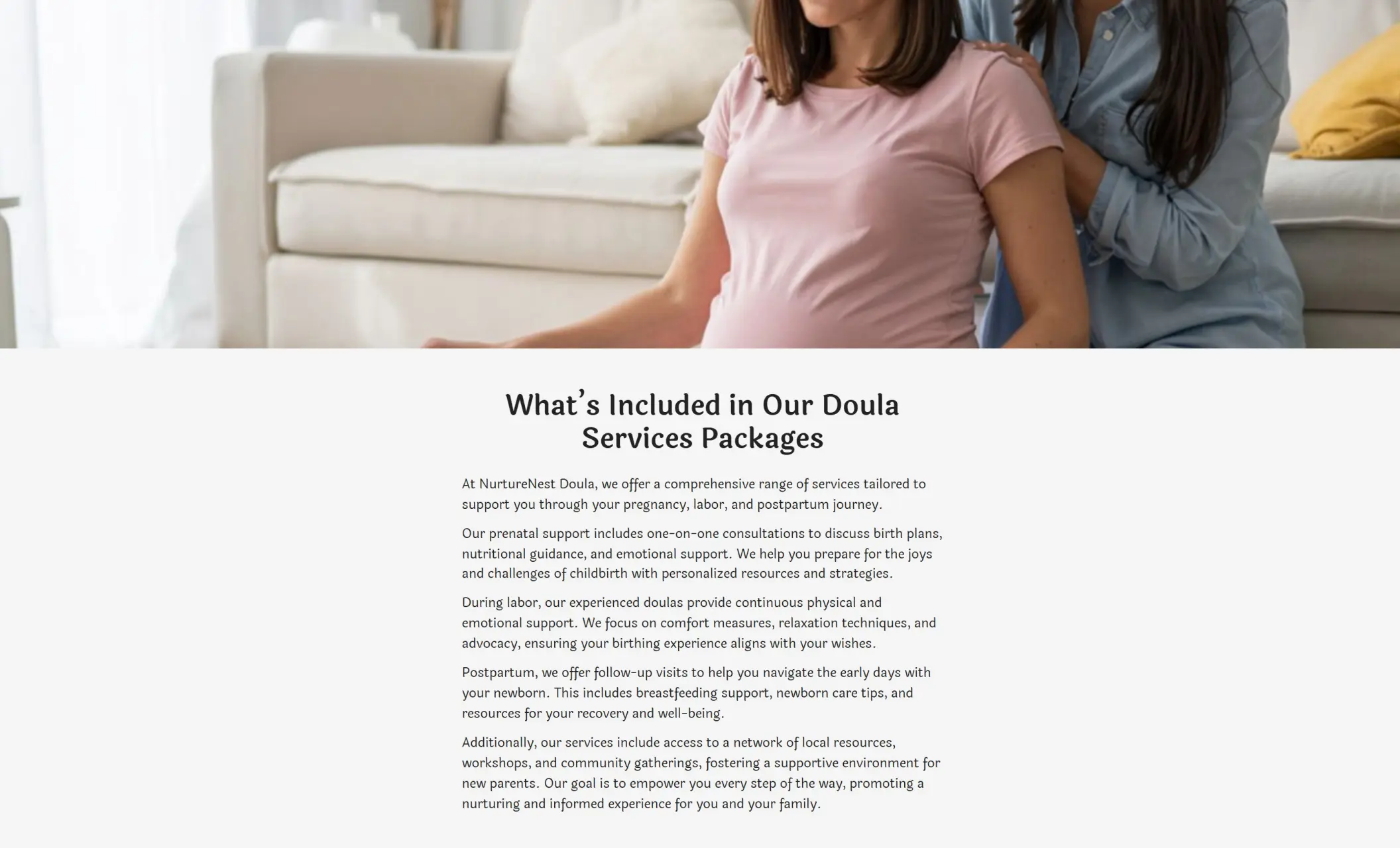NurtureNest Doula's website displaying services packages, and the image of a doula guiding with a pregnant woman