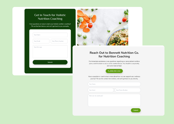 Screenshot of a contact form titled 'Get in touch' with a blue-colored primary button with a contact number, with input fields for Name, Email, and Message
