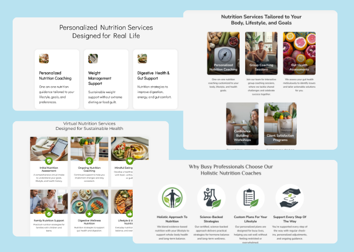 A collage of services section generated by Zarla showing different styles of service items, all having a picture, a title, and a brief description
