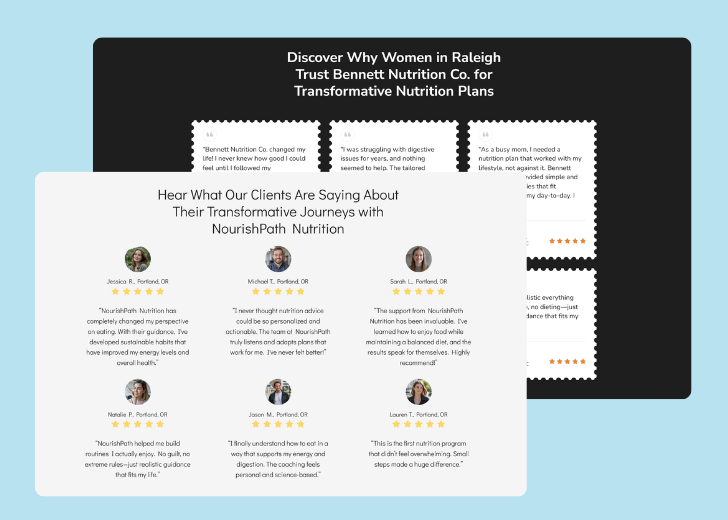 A collage of reviews section generated by Zarla showing different styles of testimonials