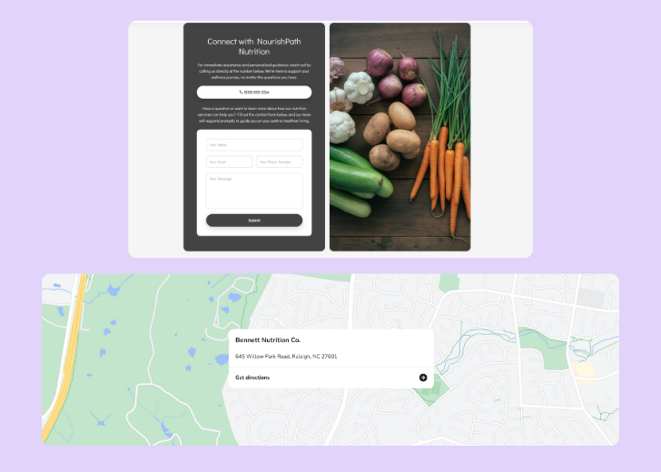 A screenshot of a header with navigation pills with contact number, a blue-colored primary button with contact number, and a 2D depiction of a map with a business address in the center