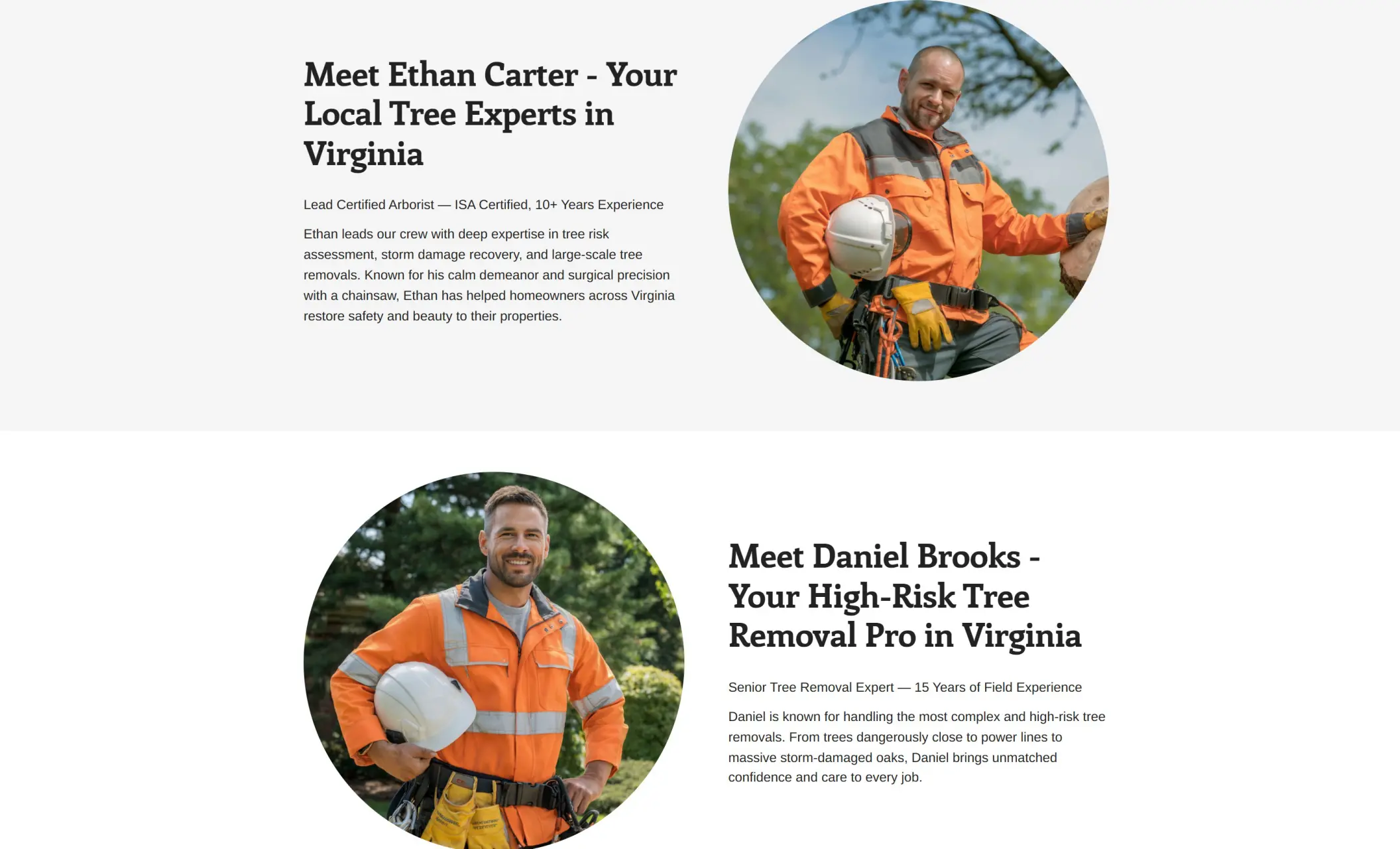 Oakline Arborists' website section displaying bios of team members