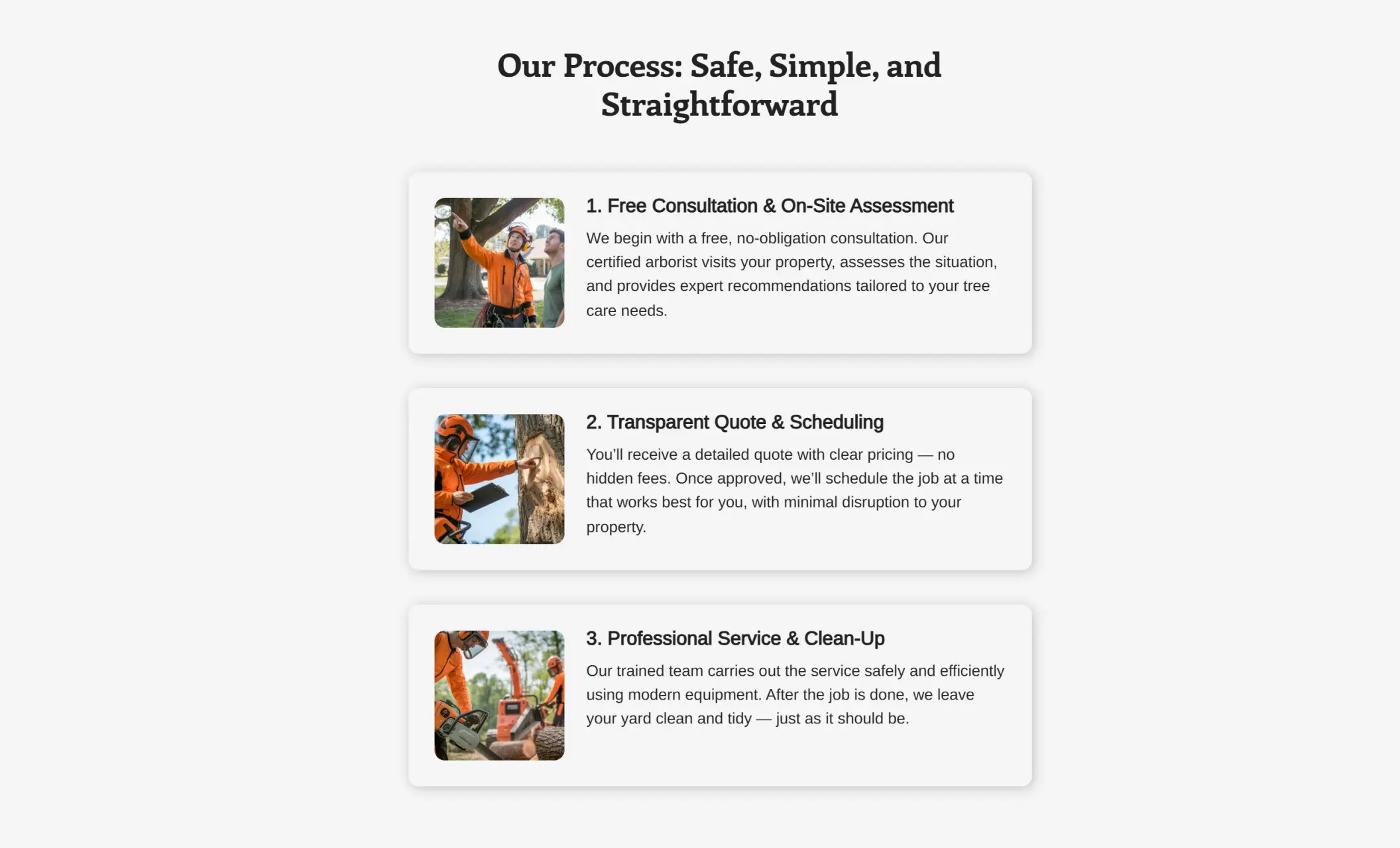 Oakline Arborists' website section displaying a section about their process