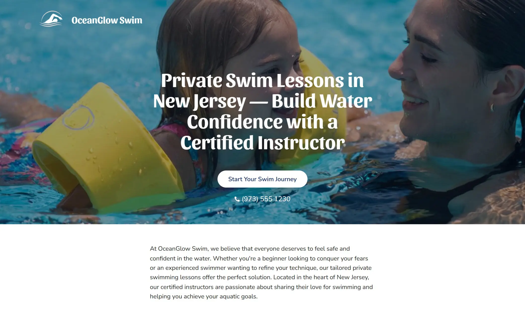 OceanGlow Swim's homepage featuring the image of a student swimming with her instructor, company branding, call-to-action button, and a brief introduction of the company