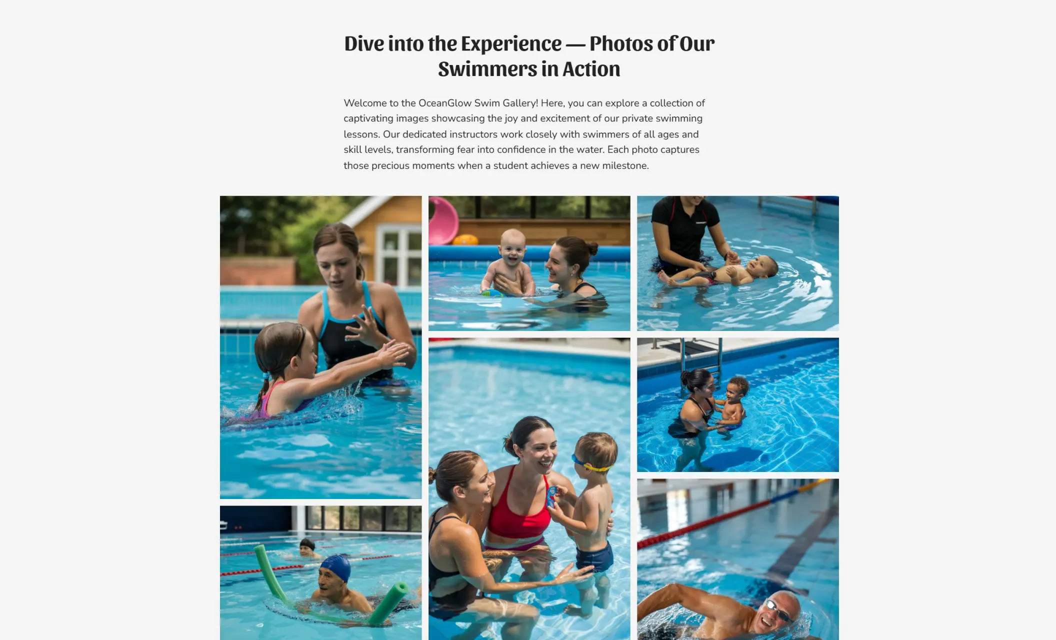 OceanGlow Swim's website displaying an image gallery about their lessons