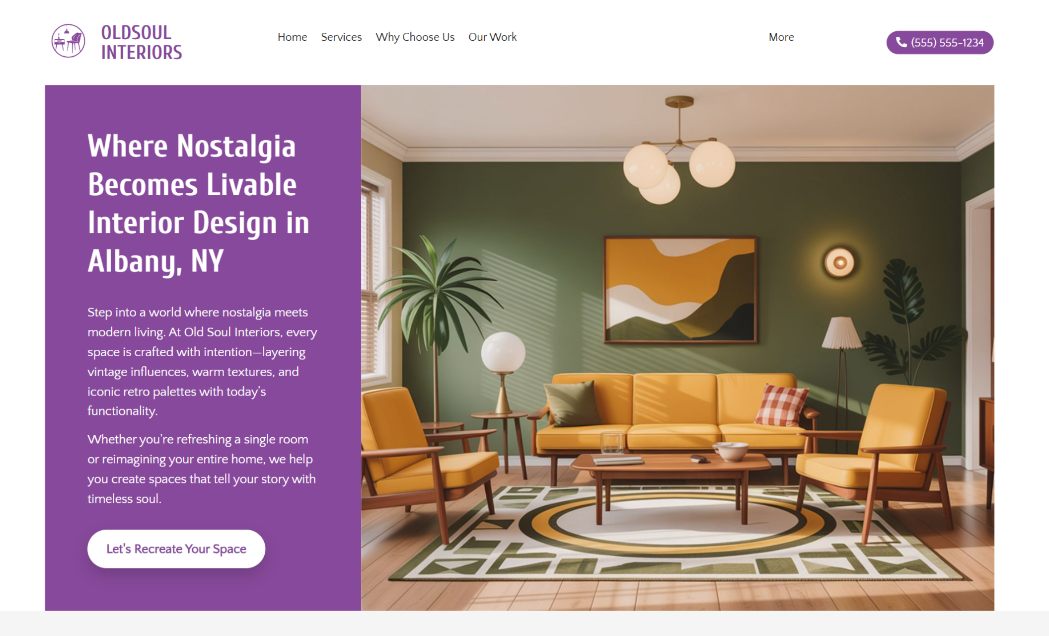 Homepage hero of Old Soul Interiors showcasing a vibrant retro living room with mustard and wood-toned furniture beside a purple content block titled “Where Nostalgia Becomes Livable Interior Design in Albany, NY” and a white button labeled “Let’s Recreate Your Space.”