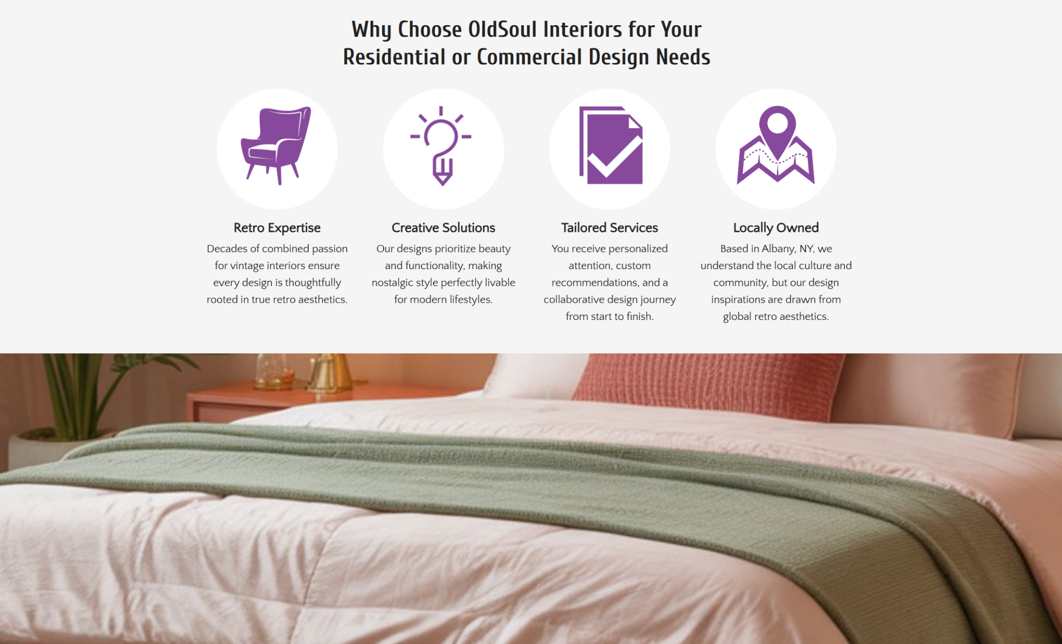 Feature section for Old Soul Interiors presenting four illustrated icons—Retro Expertise, Creative Solutions, Tailored Services, and Locally Owned—above descriptive text and set over a cozy retro-inspired bedroom background