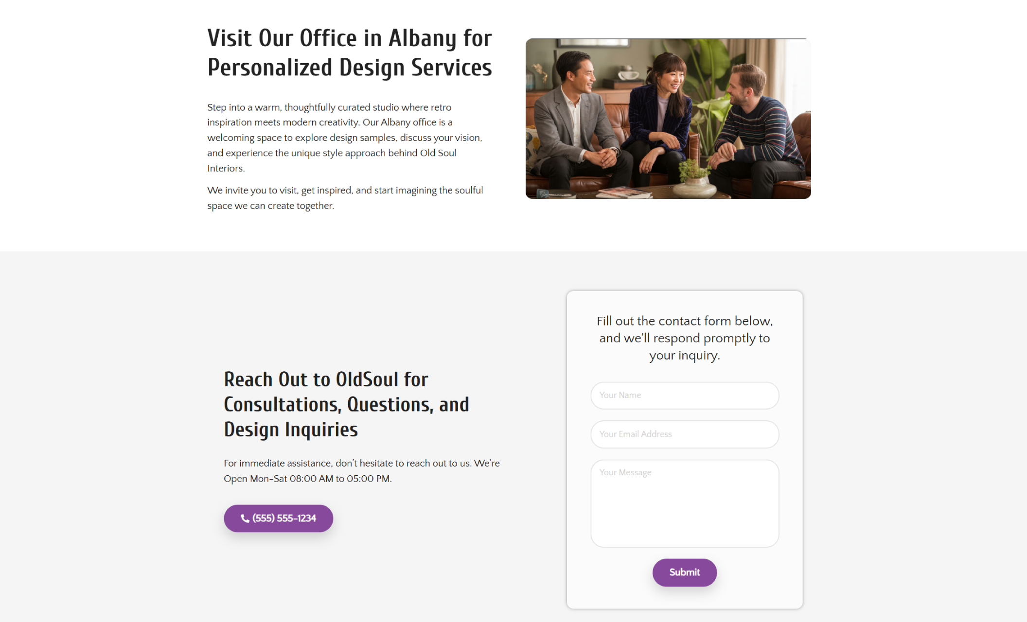 Old Soul Interiors contact section showing a welcoming office photo of three people in conversation alongside a headline inviting visitors to their Albany studio, followed by a call-to-action area with business hours, a phone number button, and a contact form