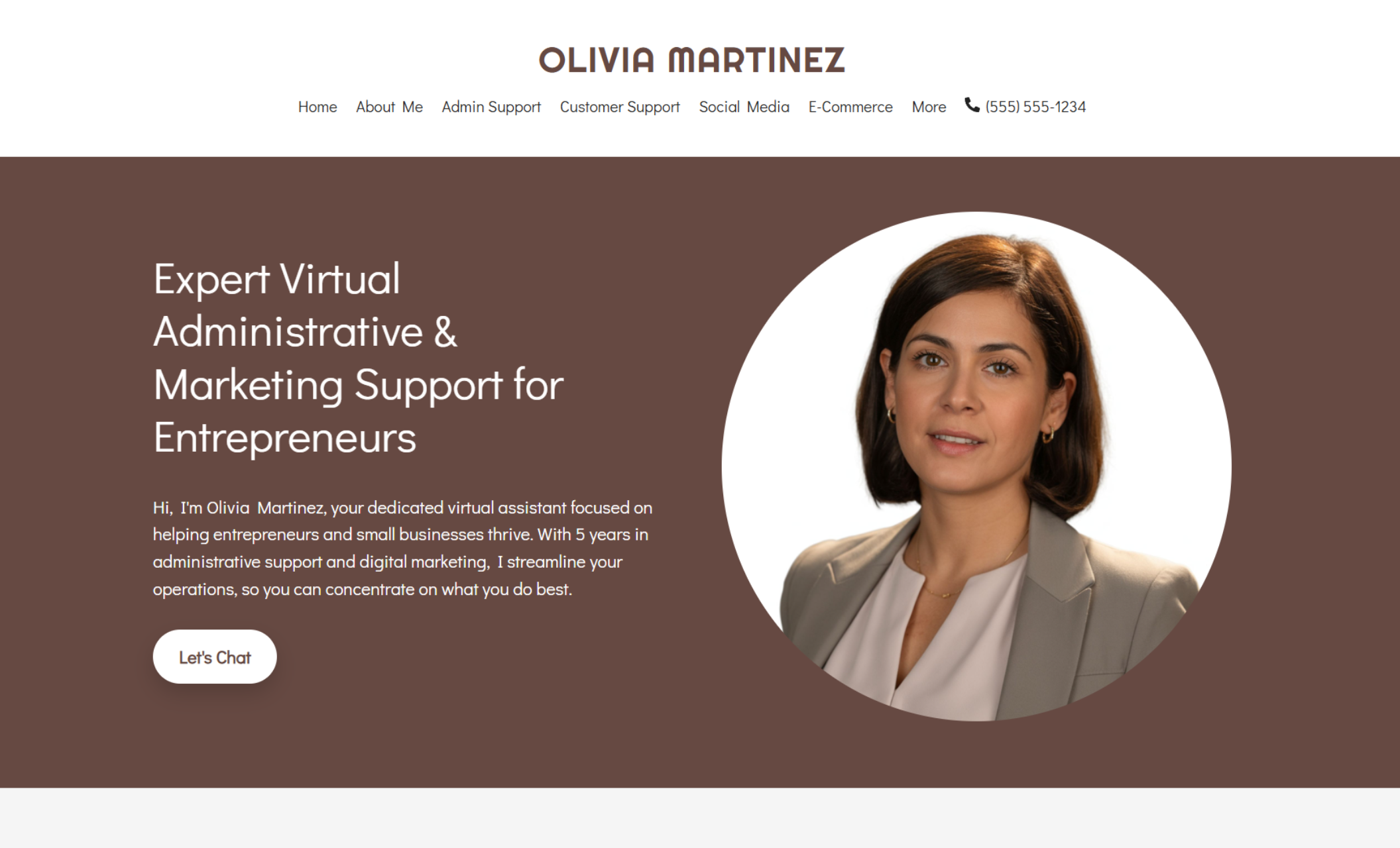 Olivia Martinez homepage featuring a circular headshot of Olivia in a beige blazer beside the headline “Expert Virtual Administrative & Marketing Support for Entrepreneurs” and a white button labeled “Let’s Chat.”
