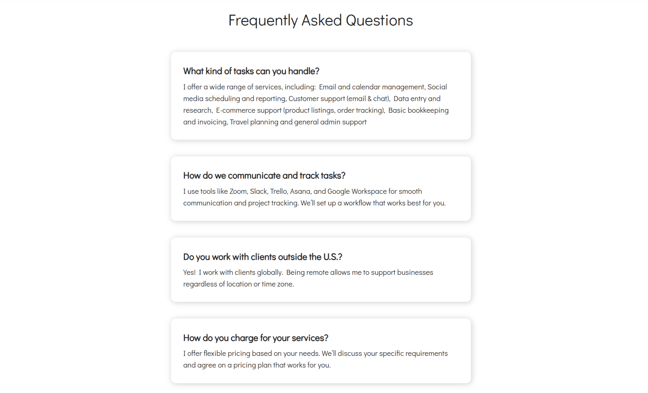 Olivia Martinez FAQ section titled “Frequently Asked Questions” showing four white cards that address common inquiries about services, tools, global clients, and pricing structure