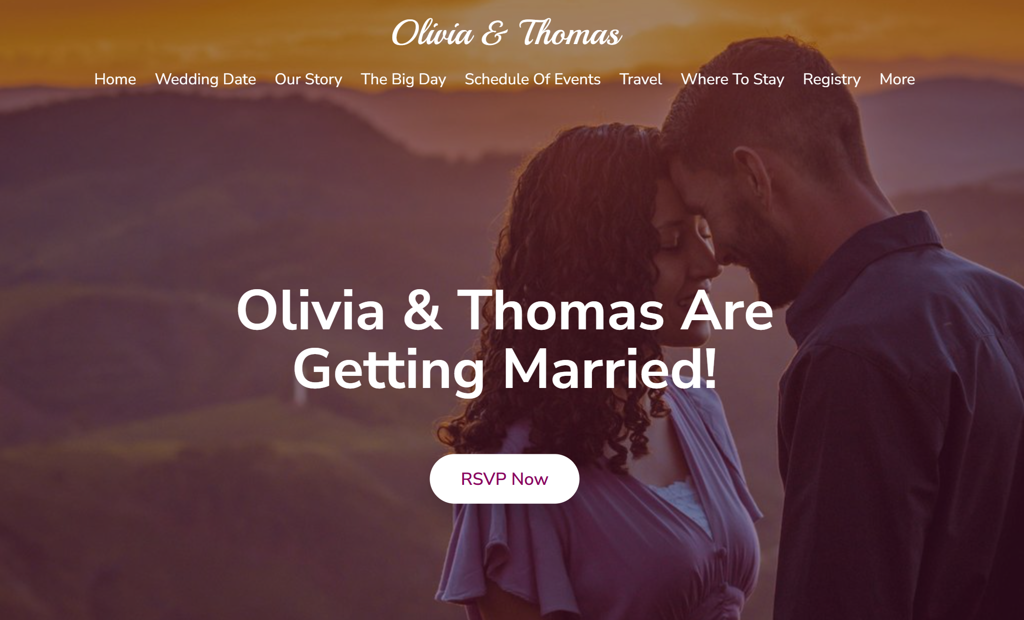 Olivia & Thomas wedding website homepage featuring a golden-hour photo of the couple touching foreheads in front of a mountain view, with the headline “Olivia & Thomas Are Getting Married!” and a bright pink RSVP button