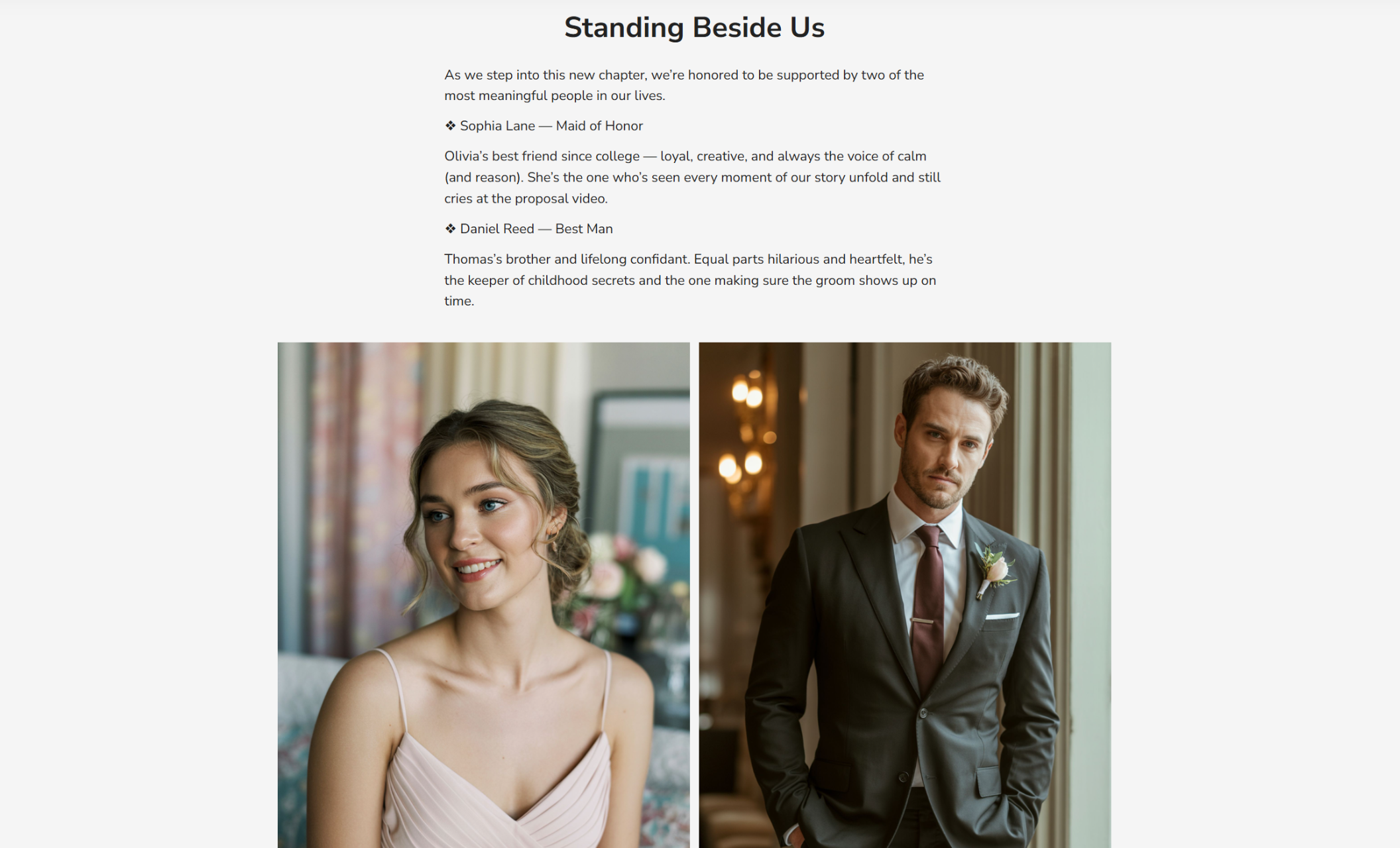 “Standing Beside Us” section introducing the Maid of Honor and Best Man with heartfelt bios, alongside two elegant portraits — one of a smiling woman in a blush dress and the other of a man in a suit with a boutonniere