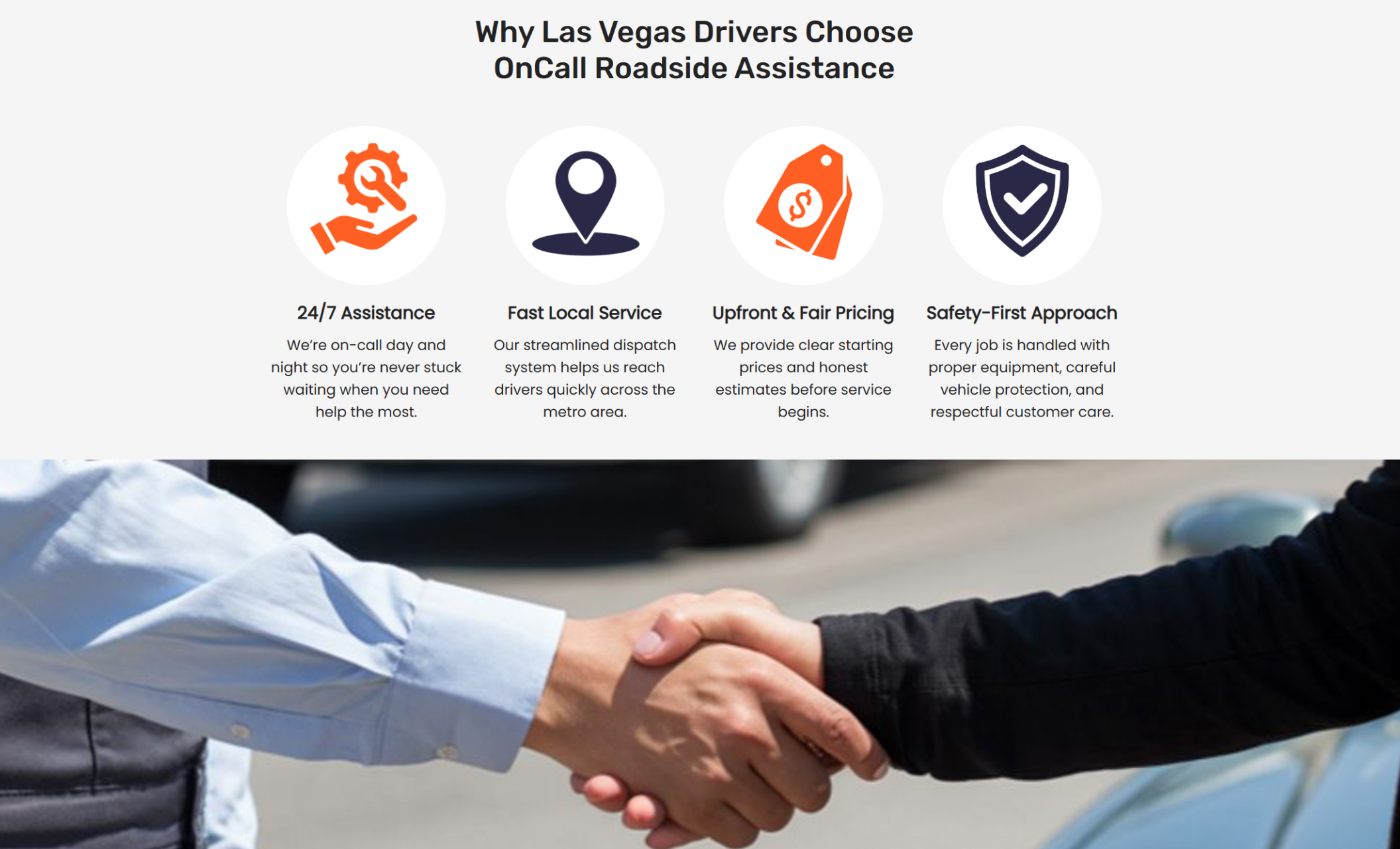 OnCall Roadside Assistance “Why Las Vegas Drivers Choose OnCall Roadside Assistance” section featuring four large icons labeled “24/7 Assistance,” “Fast Local Service,” “Upfront & Fair Pricing,” and “Safety-First Approach,” above a photo of two people shaking hands