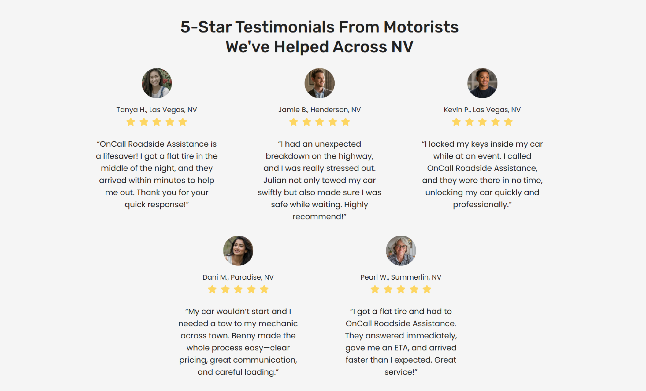 OnCall Roadside Assistance testimonials section featuring the headline “5-Star Testimonials From Motorists We’ve Helped Across NV,” five customer headshots with star ratings, and review quotes from drivers in Las Vegas, Henderson, Paradise, and Summerlin, NV