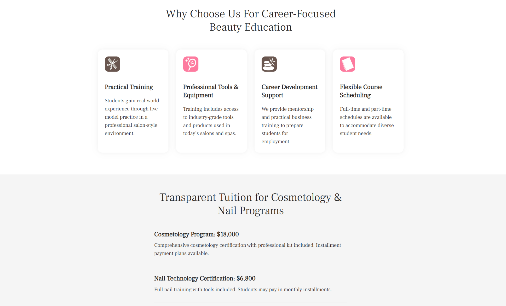 Opal Beauty Collective pricing section displaying “Transparent Tuition for Cosmetology & Nail Programs” with listed costs of $18,000 for Cosmetology and $6,800 for Nail Technology Certification