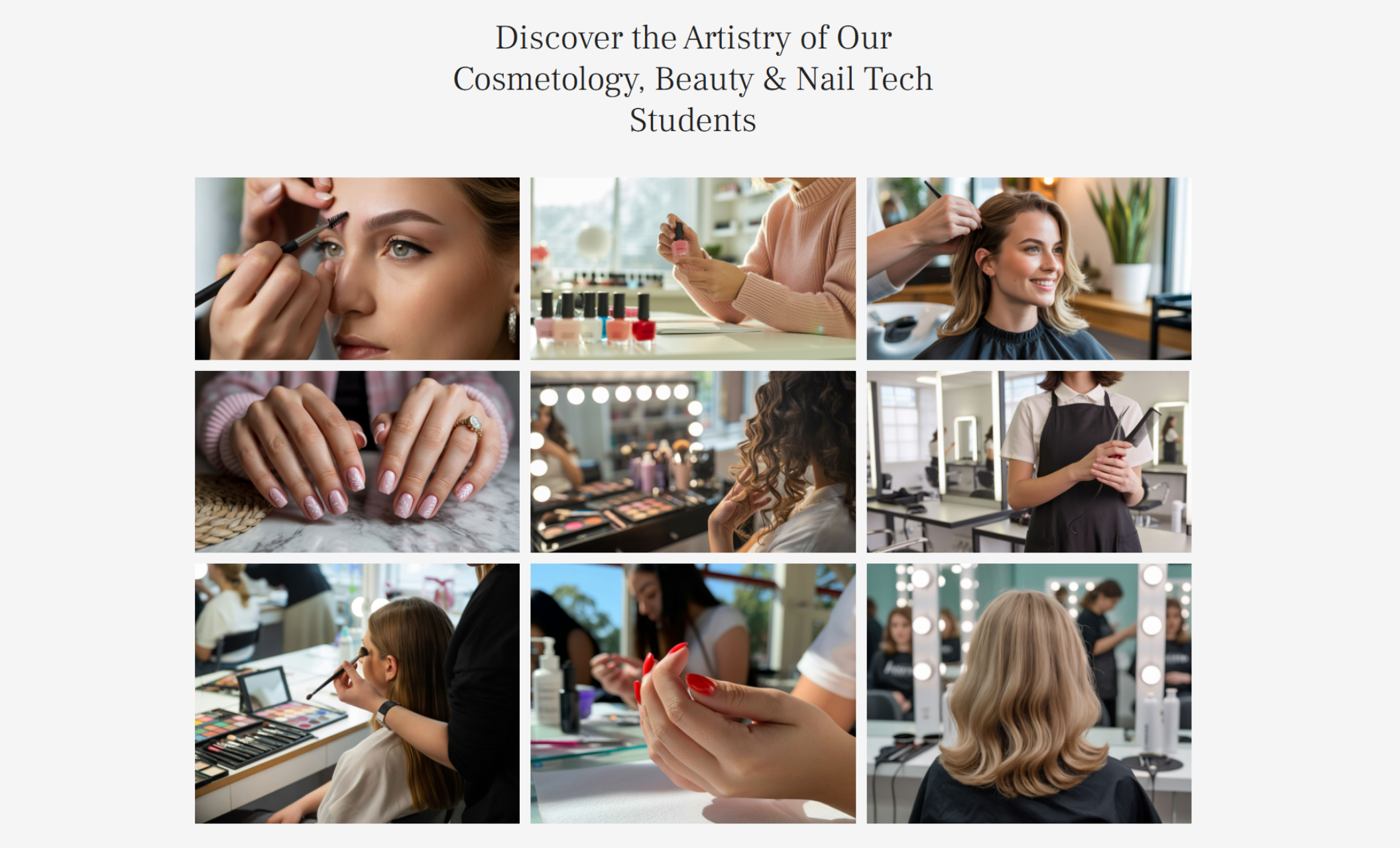 Opal Beauty Collective gallery section featuring a grid of cosmetology, nail tech, and hairstyling student work beneath the headline “Discover the Artistry of Our Cosmetology, Beauty & Nail Tech Students.”