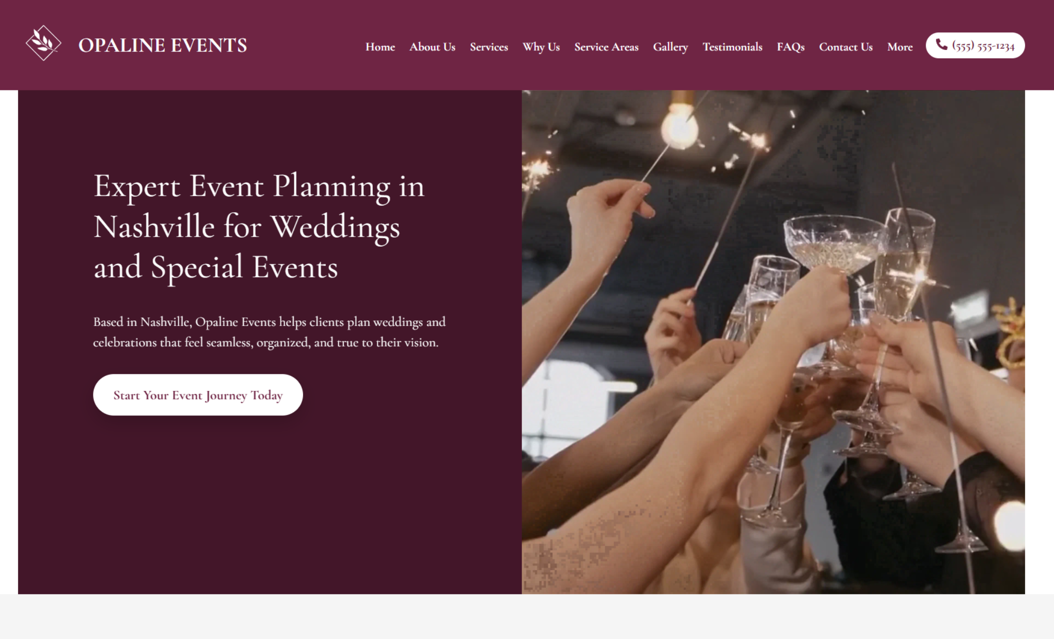 Opaline Events homepage hero featuring the headline “Expert Event Planning in Nashville for Weddings and Special Events,” a white button reading “Start Your Event Journey Today,” and a celebration photo of hands holding sparklers and champagne glasses under the top navigation and call button “(555) 555-1234.”