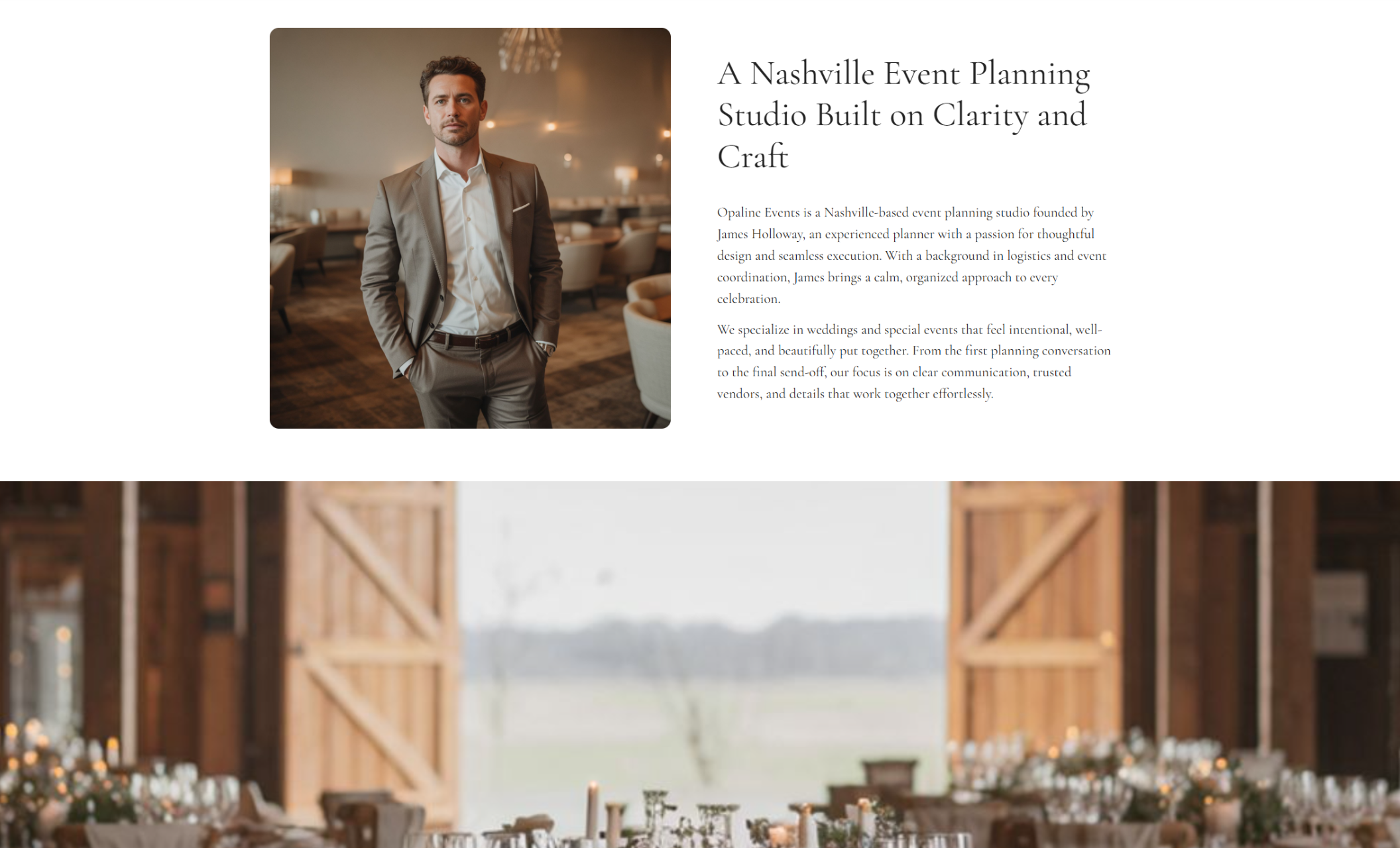 Opaline Events about section showing a portrait of a man in a suit beside the headline “A Nashville Event Planning Studio Built on Clarity and Craft,” with a short business description introducing Opaline Events and its founder, James Holloway