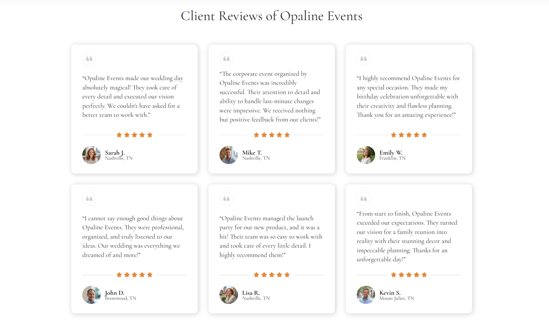 Opaline Events testimonials section titled “Client Reviews of Opaline Events,” featuring six review cards with 5-star ratings, short quote-style testimonials, and client names including Sarah J., Mike T., Emily W., John D., Lisa R., and Kevin S. with Tennessee locations