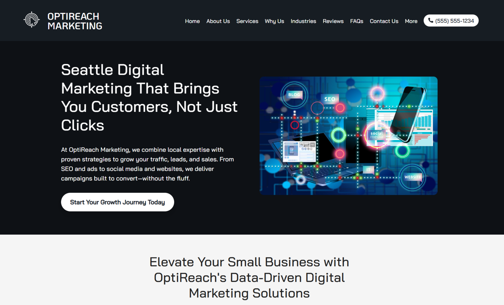 OptiReach Marketing homepage featuring glowing digital icons labeled 'SEO,' 'social media,' 'blog,' and 'website' on a laptop and phone image, next to the bold headline 'Seattle Digital Marketing That Brings You Customers, Not Just Clicks' and a white growth journey button