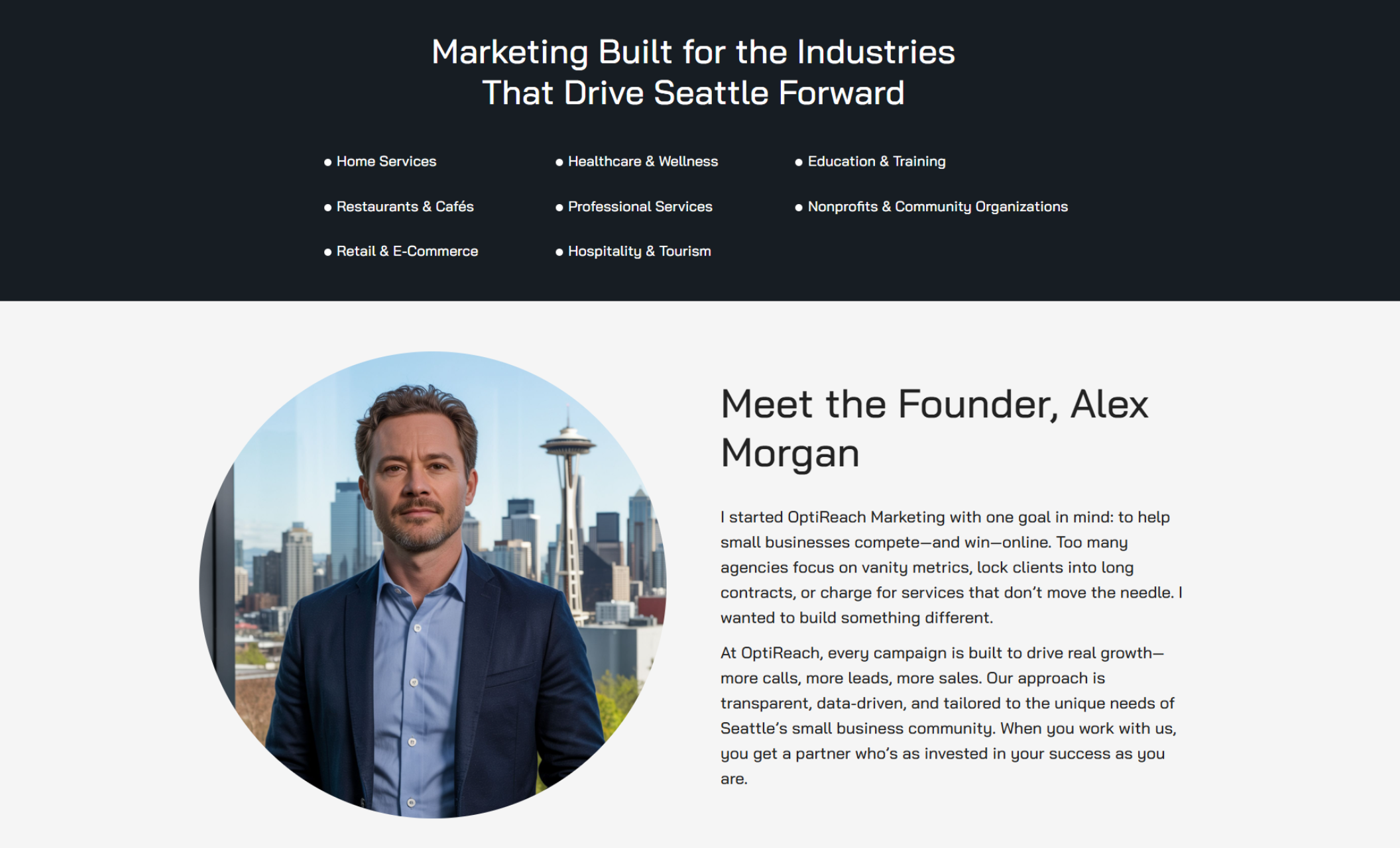 OptiReach Marketing about section showing founder Alex Morgan in a suit standing in front of the Seattle skyline, with the headline 'Meet the Founder, Alex Morgan' and a mission statement describing his approach