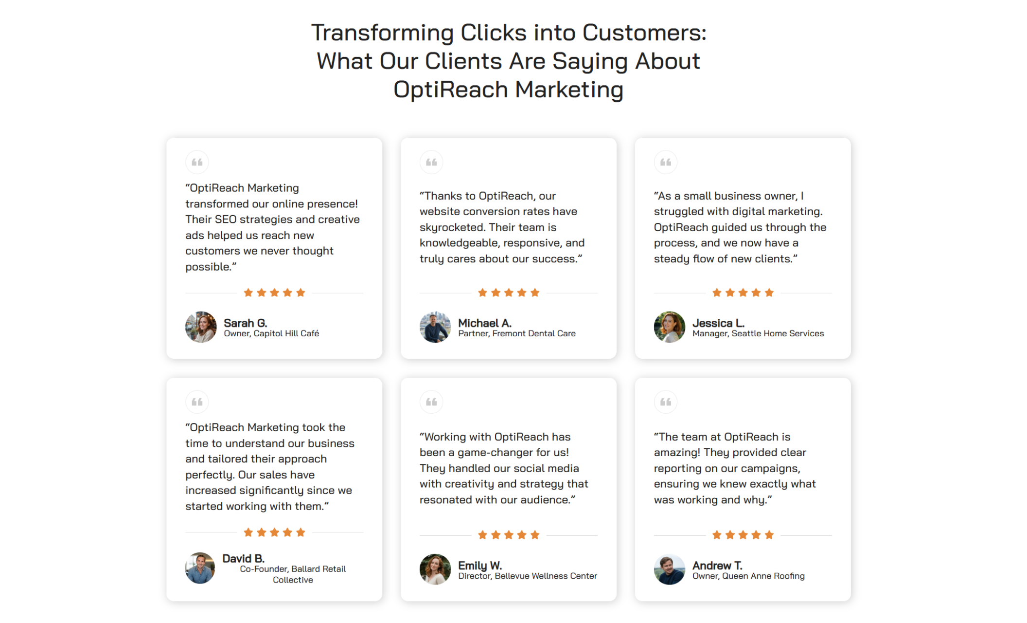 OptiReach Marketing testimonials section featuring six client reviews with star ratings, including highlighted quotes from Sarah G., Michael A., Jessica L., David B., Emily W., and Andrew T. praising the agency’s results